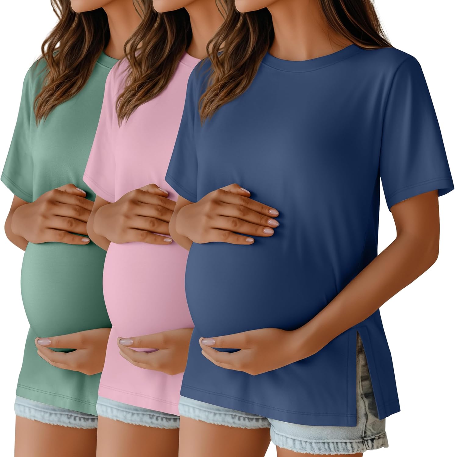 Ficerd 3 Pack Women's Maternity T Shirts, Short Sleeve Side Split Pregnancy Tops Casual Crew Neck Pregnant Tees Mama Clothes