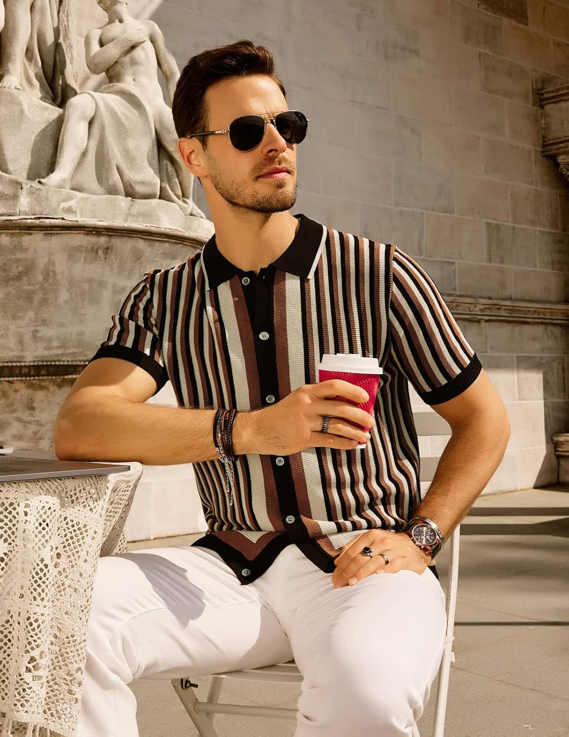 PJ PAUL JONES Men's Polo Shirts Retro Knit Shirt Vintage Striped Shirt - Image 5