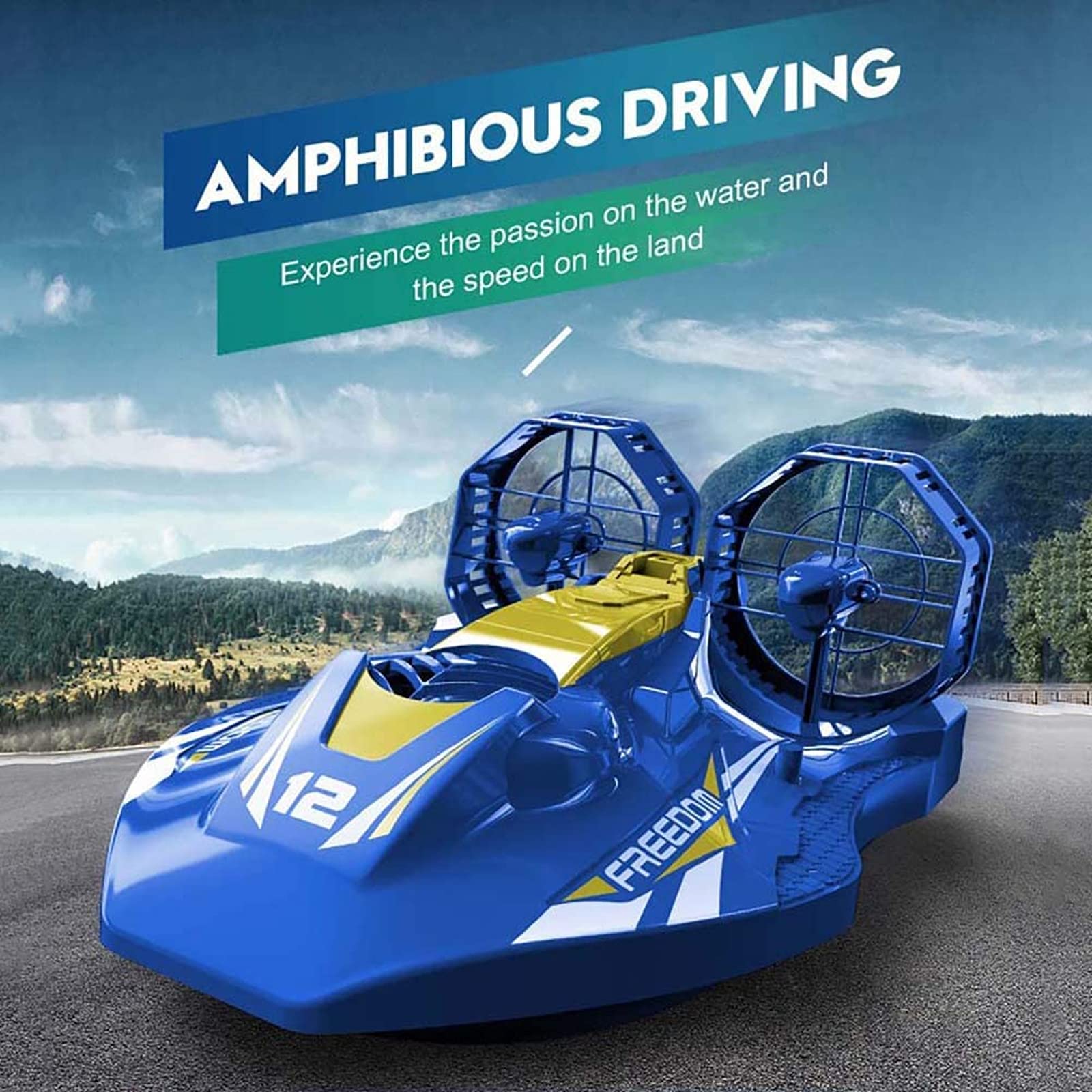 2.4GHz Bateau Télécommandé pour Aéroglisseurs Terrestres et Aquatiques Double Pouvoir, Rappel de Batterie Faible, Cadeaux de Jouets Nautiques pour Enfants et Adultes, Bleu