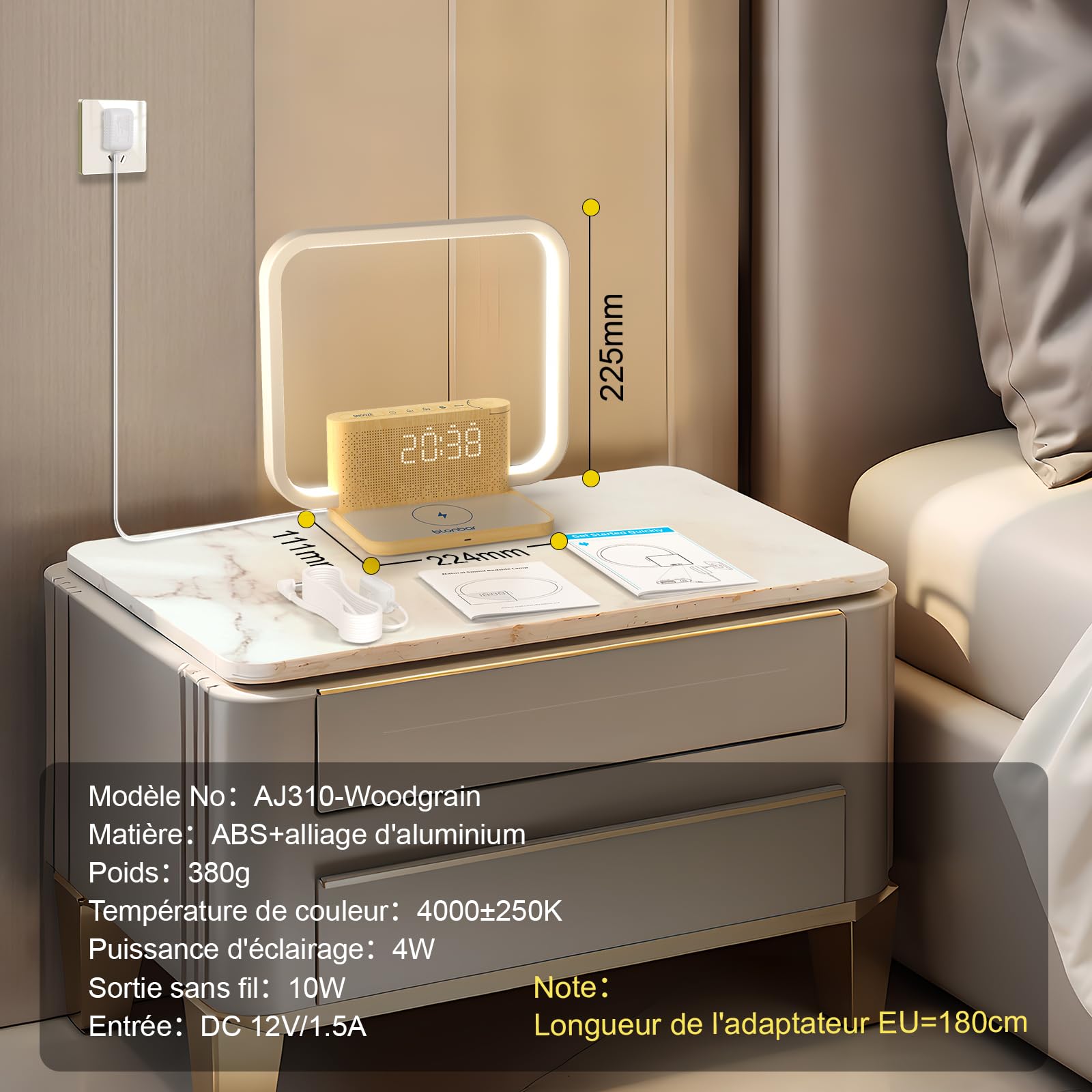 blonbar Simulateur d'Aube Réveil Lumineux, 3 Niveaux de Luminosité Tactile, Lampe de Chevet avec Chargeur Sans Fil Qi, Fonction Veilleuse et Sons d'Apaisement pour Adultes et Bébés