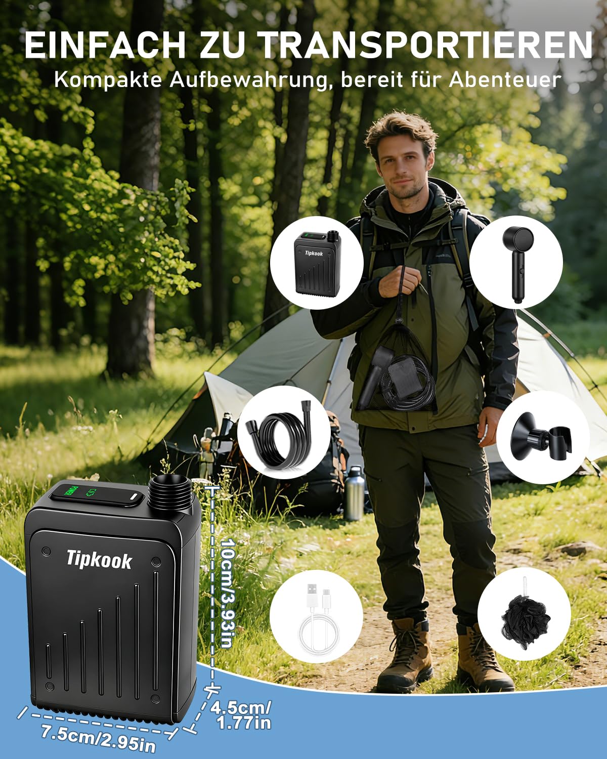 Einfache Tragbare Campingdusche für Einsteiger, 3 Wasserstufen, Mobile Outdoor Dusche mit Pumpe, 5000mAh Akku, Saugnäpfen & Haken für Camping, Tierwäsche, Autowäsche, Obst Waschen, Blumen Gieβen