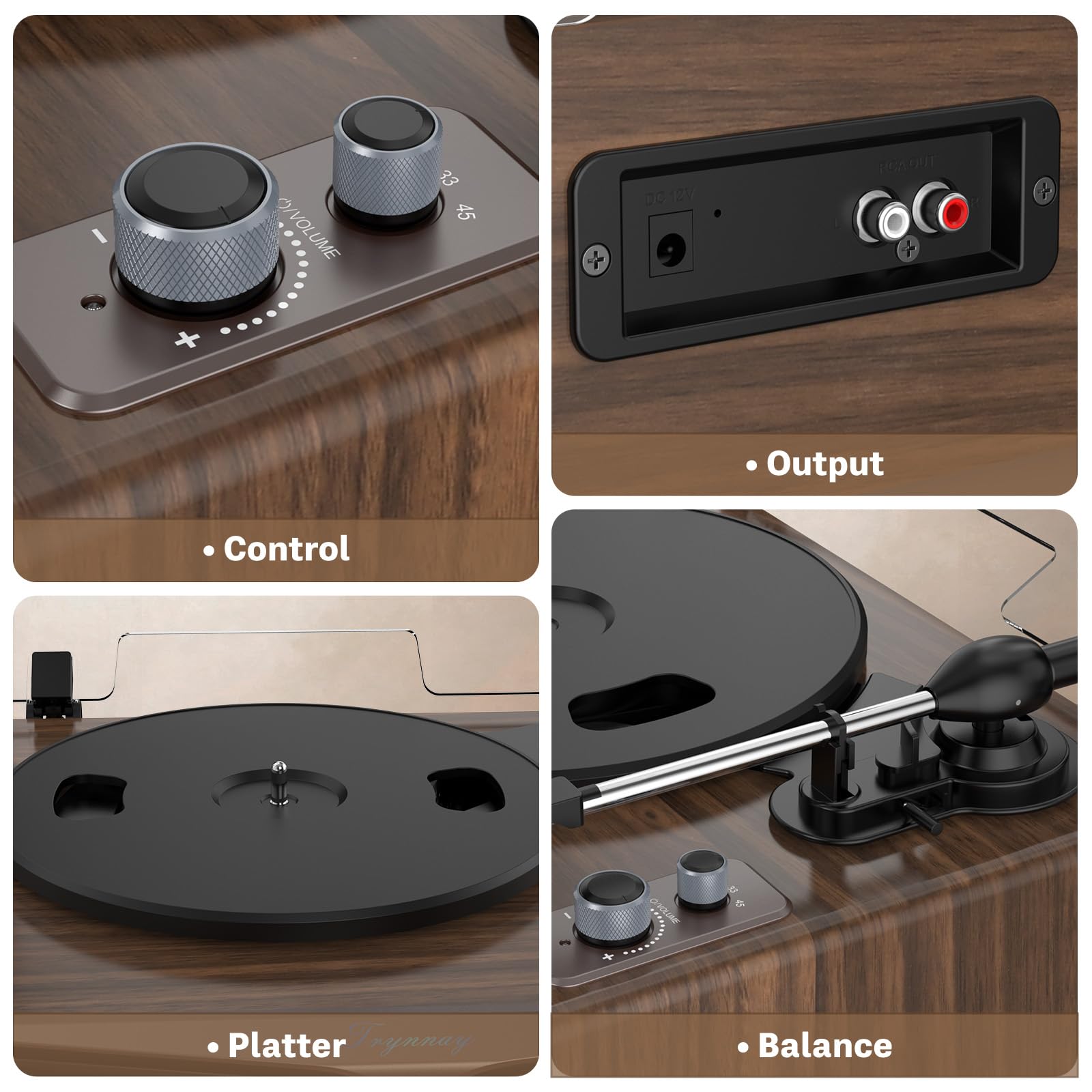 Platine Vinyle avec Haut-parleurs intégrés, Platine Bluetooth avec Haut-parleurs intégrés, contrepoids réglable, AT-3600L, 33/45 Tours/Minute, Barre Lumineuse à luminosité réglable, Brun