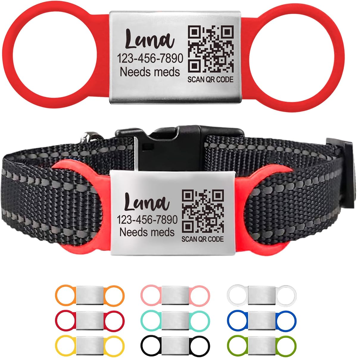 Personalized QR Code Pet ID Tag – Silent Slide-On Name Tag for Dogs and Cats – Scannable Lost and Found Smart Tag – Custom Engraved Pet Identification for Collars and Harnesses