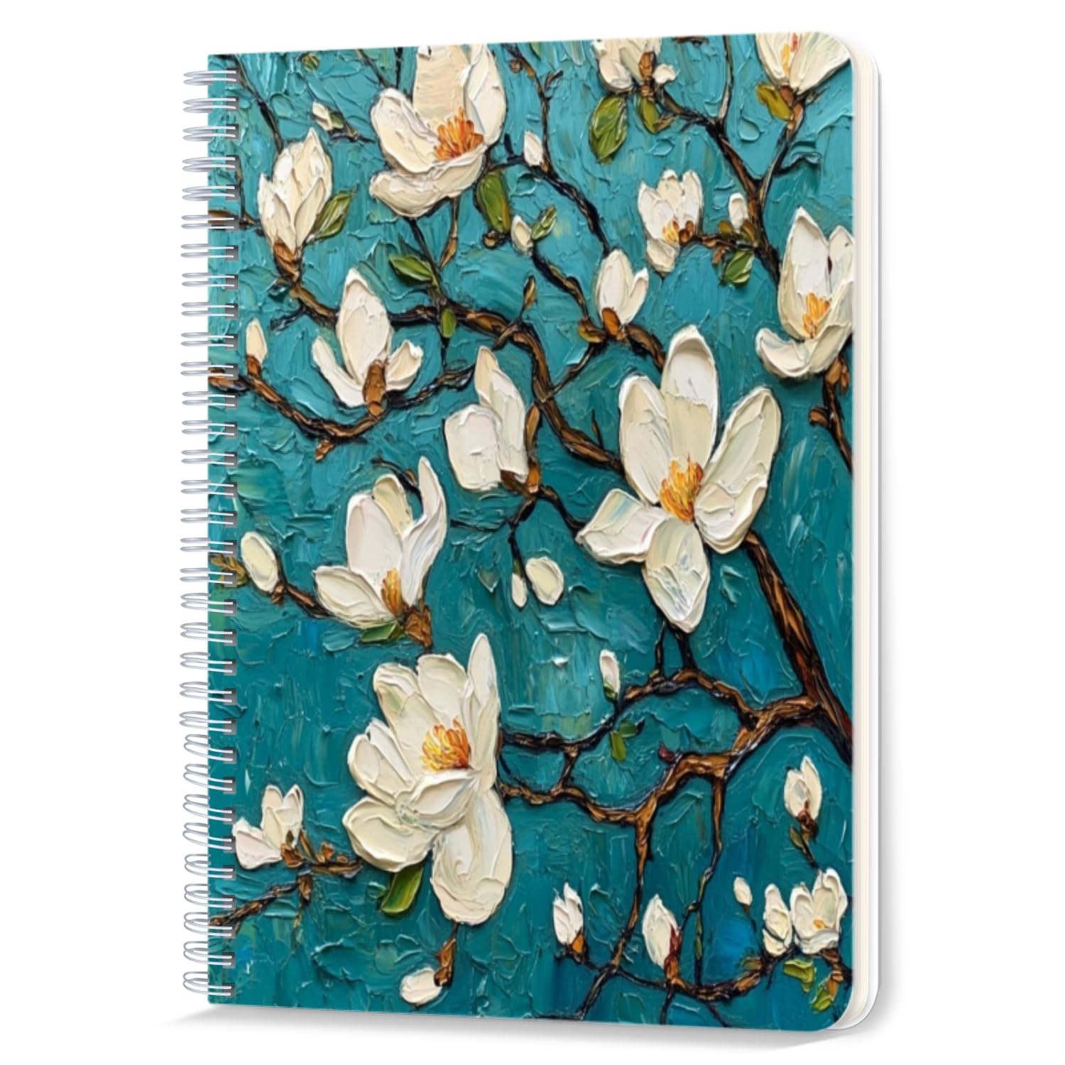 Spiral Notebook,Double-Wire Spiral College Lined Journal Notebook for Study and Notes,100 Pages,5.71x 8.26 in - Magnolia Blossoms on Branches in Teal