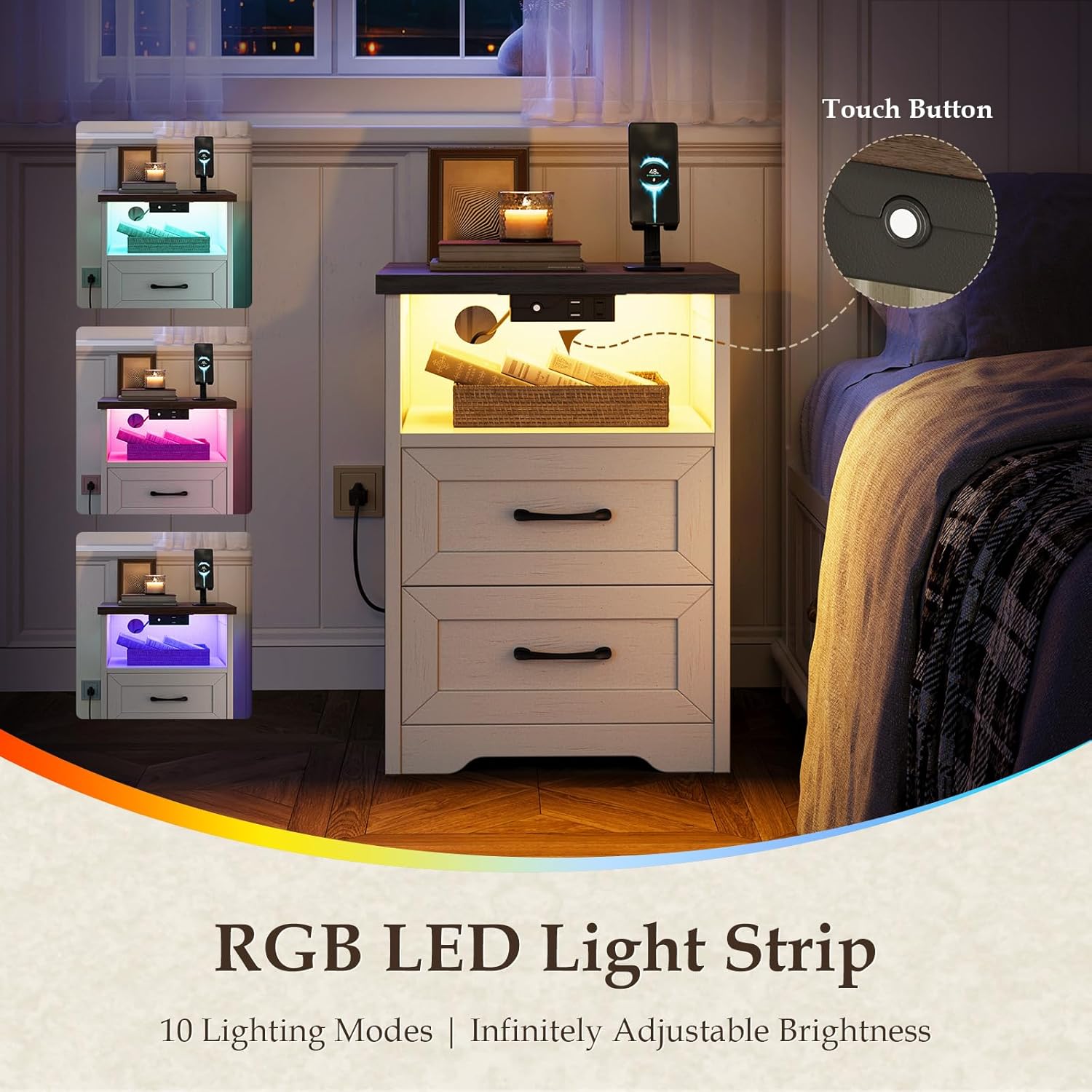 AODK Farmhouse Nightstand Set of 2, Bedside Tables with Charging Station & LED Lights, End Tables with Two Drawers and Open Storage, Rustic Bed Side Tables for Bedroom, Rustic White & Walnut