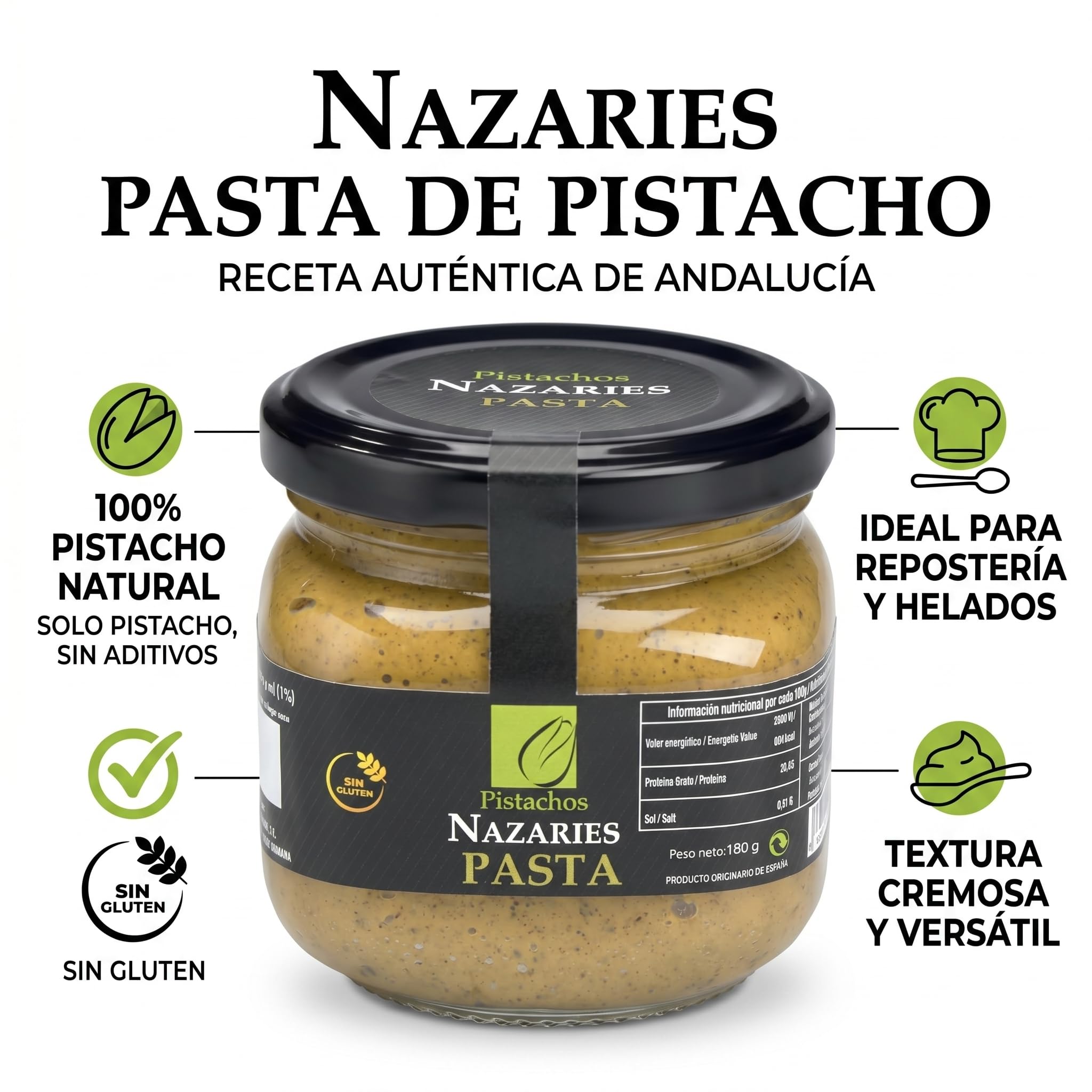 PISTACHOS NAZARIES Pasta de Pistacho 100% Puro Natural 2x180 g Mantequilla Pistacho Para Reposteria Helados Postres y Salsas Sin Azucares ni Aditivos Cultivo Propio Andalucia Español Sin Gluten Vegano
