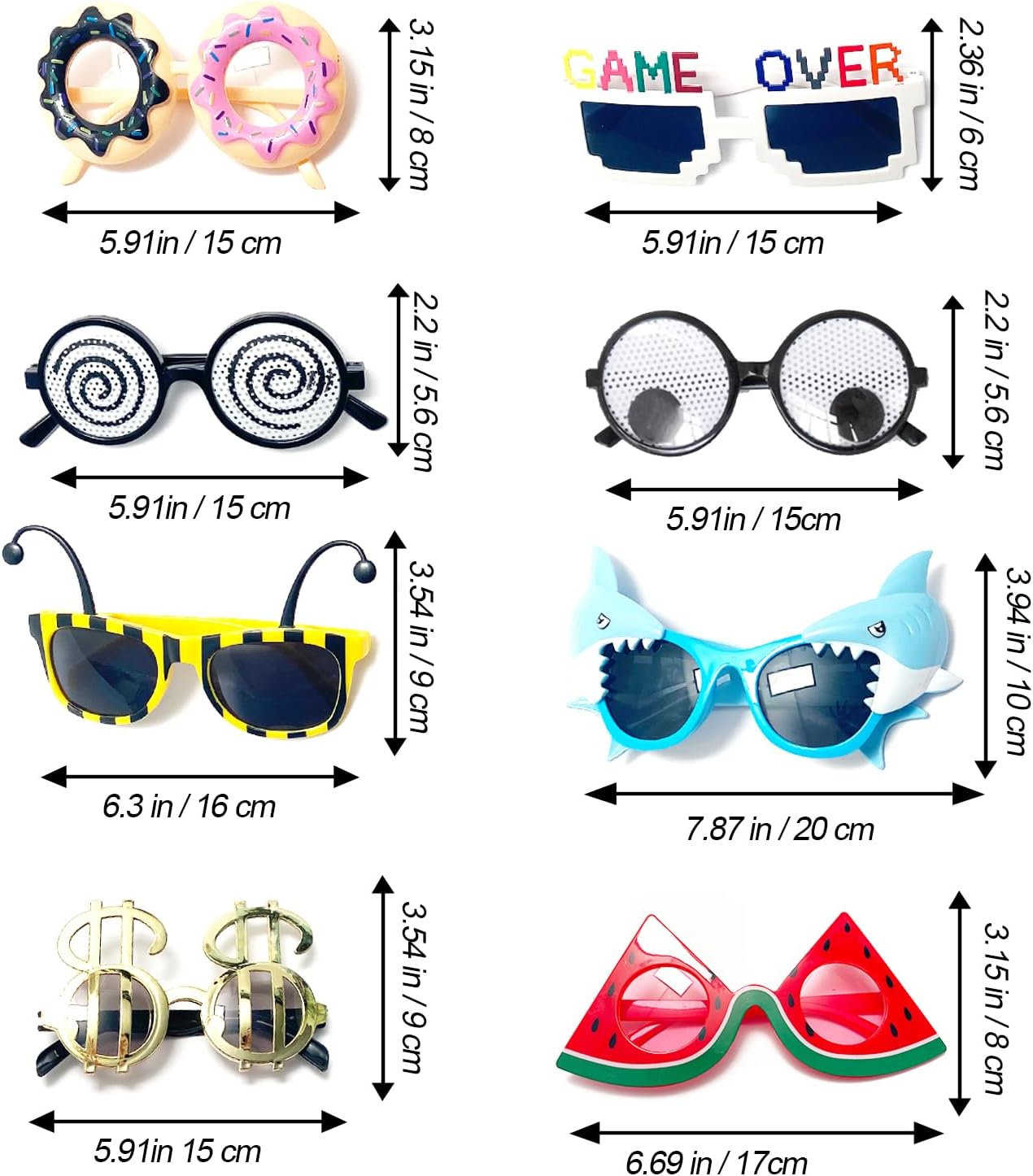 8 Pairs Funny Party Glasses Fancy Party Supplies Decoration Shark/Watermelon/Donuts/Dollars Funny Glasses, Novelty Party Bag Filler Fancy Dress Favors Creative Summer Beach Party Photo Booth Props