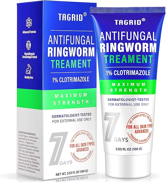 TAGRID Antifungal Ringworm Treatment Cream for Humans Skin: 1% Clotrimazole Formula for Itchy Feet and Body- Supports Healthy Skin Barrier 3.38 oz