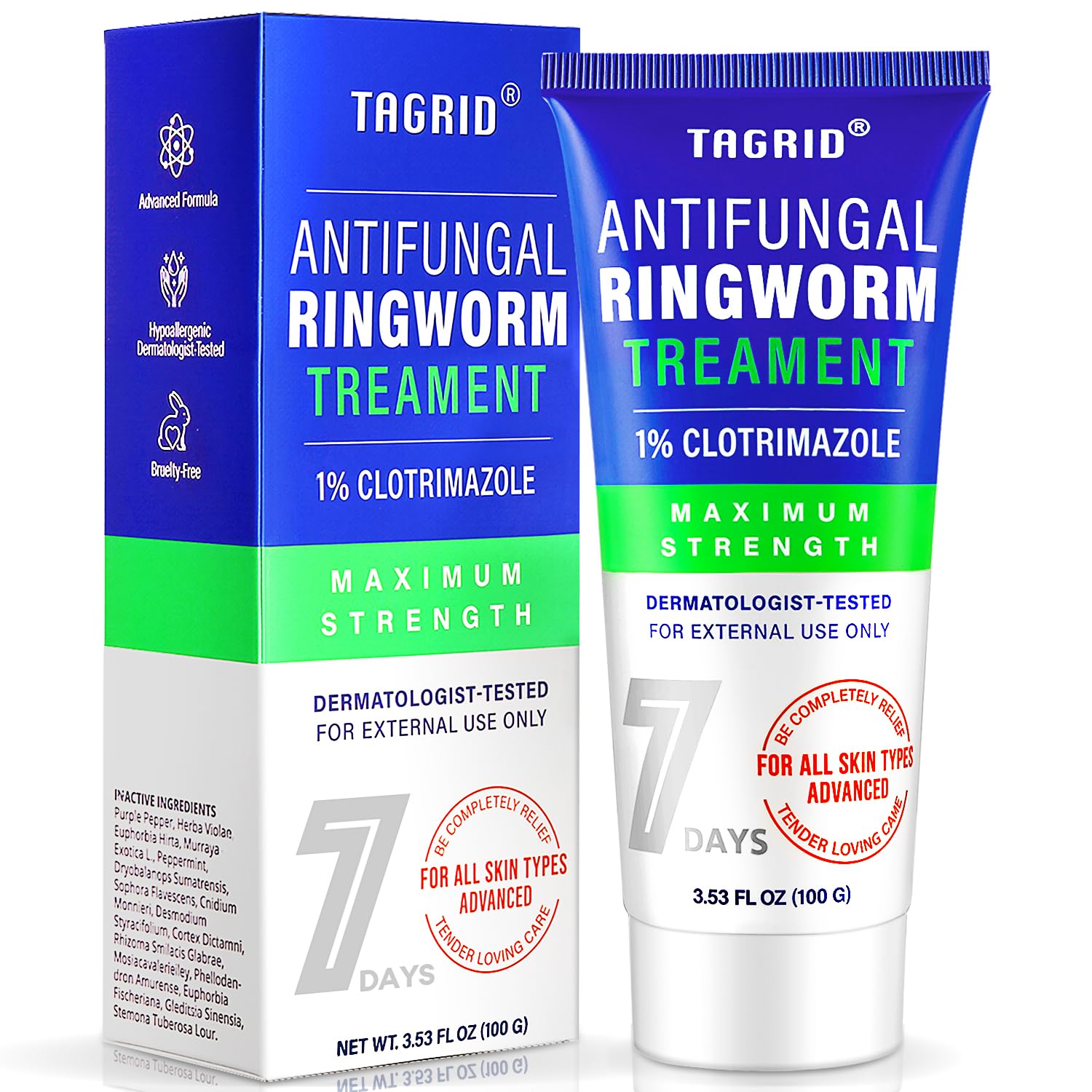TAGRID Antifungal Ringworm Treatment Cream for Humans Skin: 1% Clotrimazole Formula for Itchy Feet and Body- Supports Healthy Skin Barrier 3.38 oz
