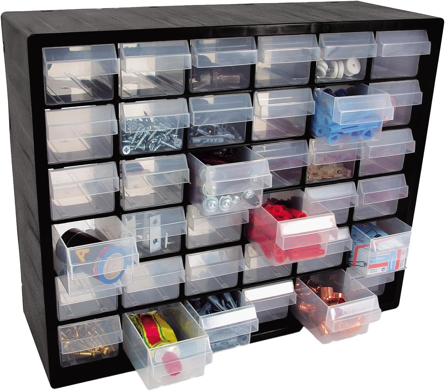Raaco Plastic Storage Cabinet, 36-Drawer Black Organizer – Impact Proof Plastic Drawer – Small Parts, Screws, Nuts & Bolts, Crafts, Makeup & Toy Storage – Wall Mount or Freestanding (PC36)