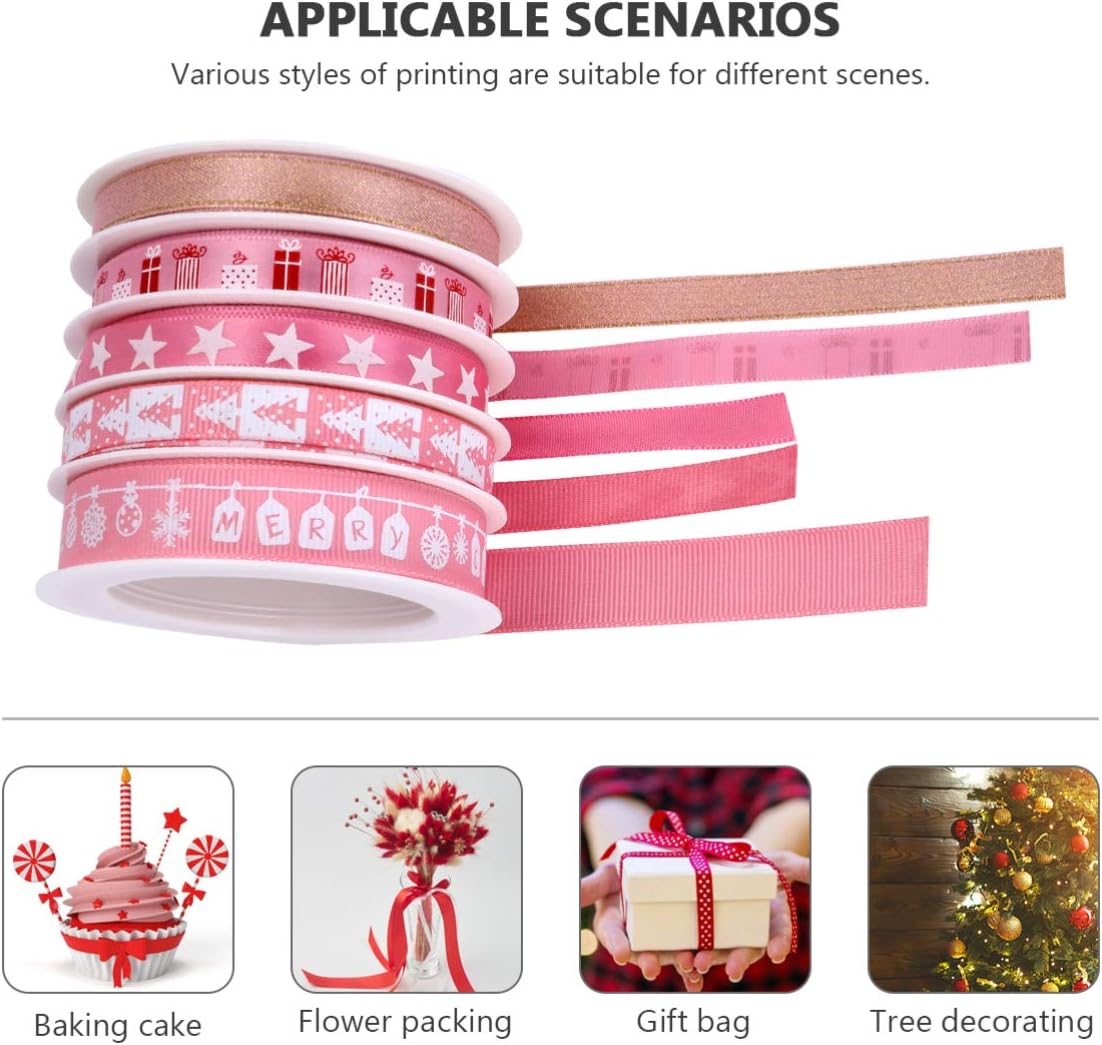 Amosfun 25 Yards Christmas Ribbon 5 Style Satin Ribbons Merry Christmas Themed Set Pink Xmas Rolls Set for Wrapping and Crafting - Image 3