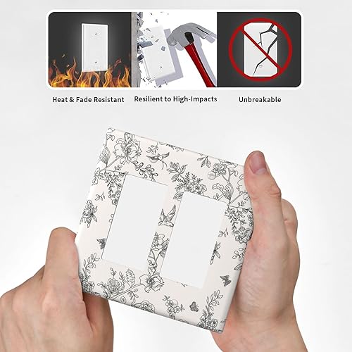 Miniatura 6 de Cubierta decorativa para interruptor de luz, diseño de pájaros y flores florales en blanco y negro, 2 bandas, cubierta decorativa para pared, placa