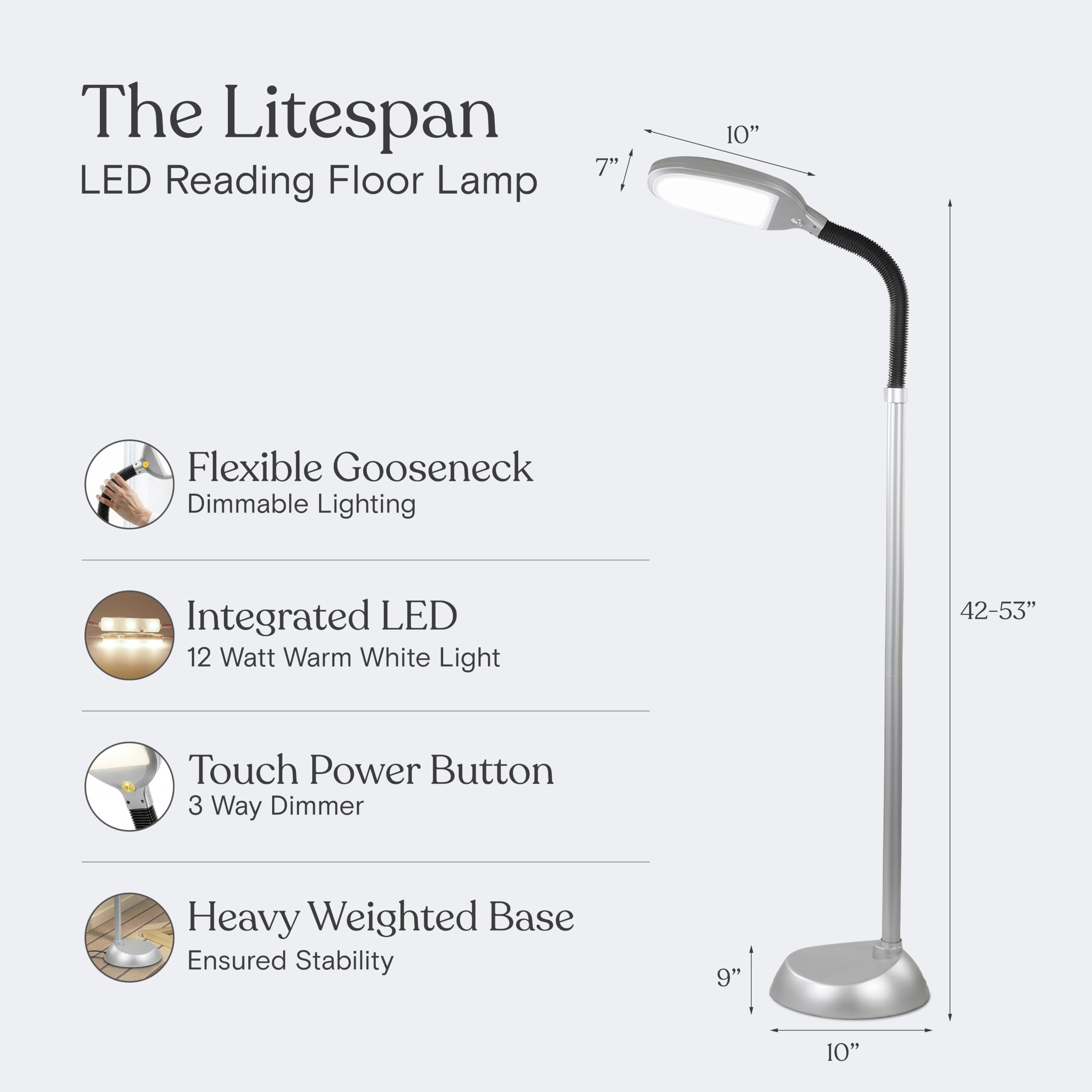 Brightech Litespan - Lampadaire à LED pour la lecture et l'artisanat - Lumière pour les esthéticiennes pour les extensions de cils - Lampe à mât col de cygne réglable (Titanium Argenté)