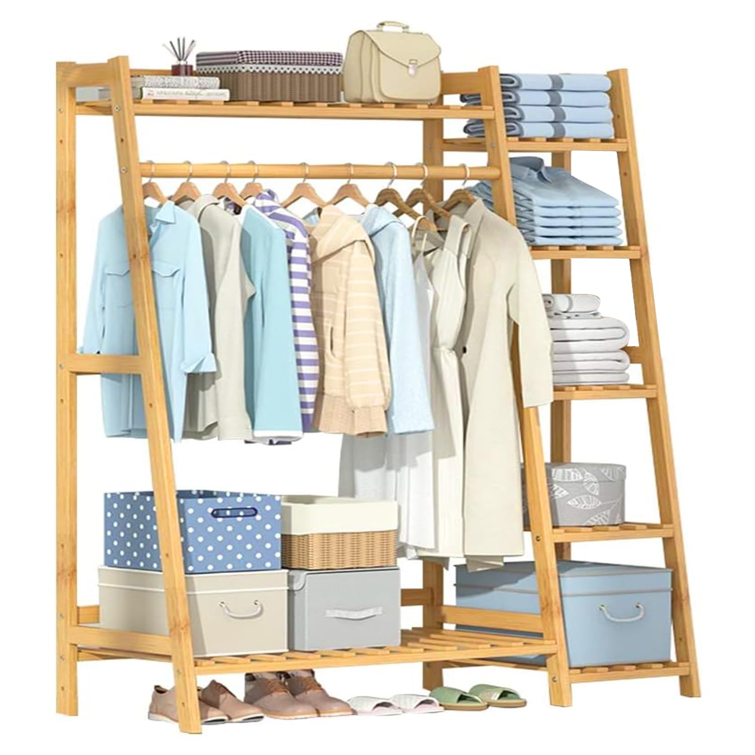 ADA Handicraft® Premium Natural Bamboo Clothe Garment Rack, 5-Tier Freestanding Storage Shelf with Suitcase Rack for Household or Retail Store - 130 x 40 x 140cm