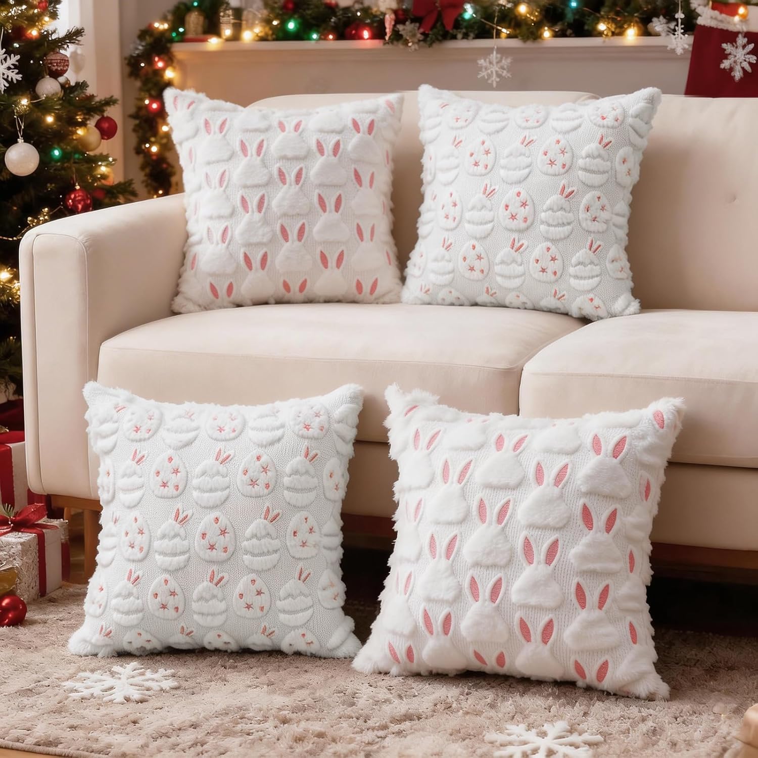 Easter Throw Pillow Covers 20x20 inch Set of 4, White Pink Bunny Eggs Holiday Living Room Soft Fluffy Plush Faux Fur Wool Decorations for Sofa Couch Bed