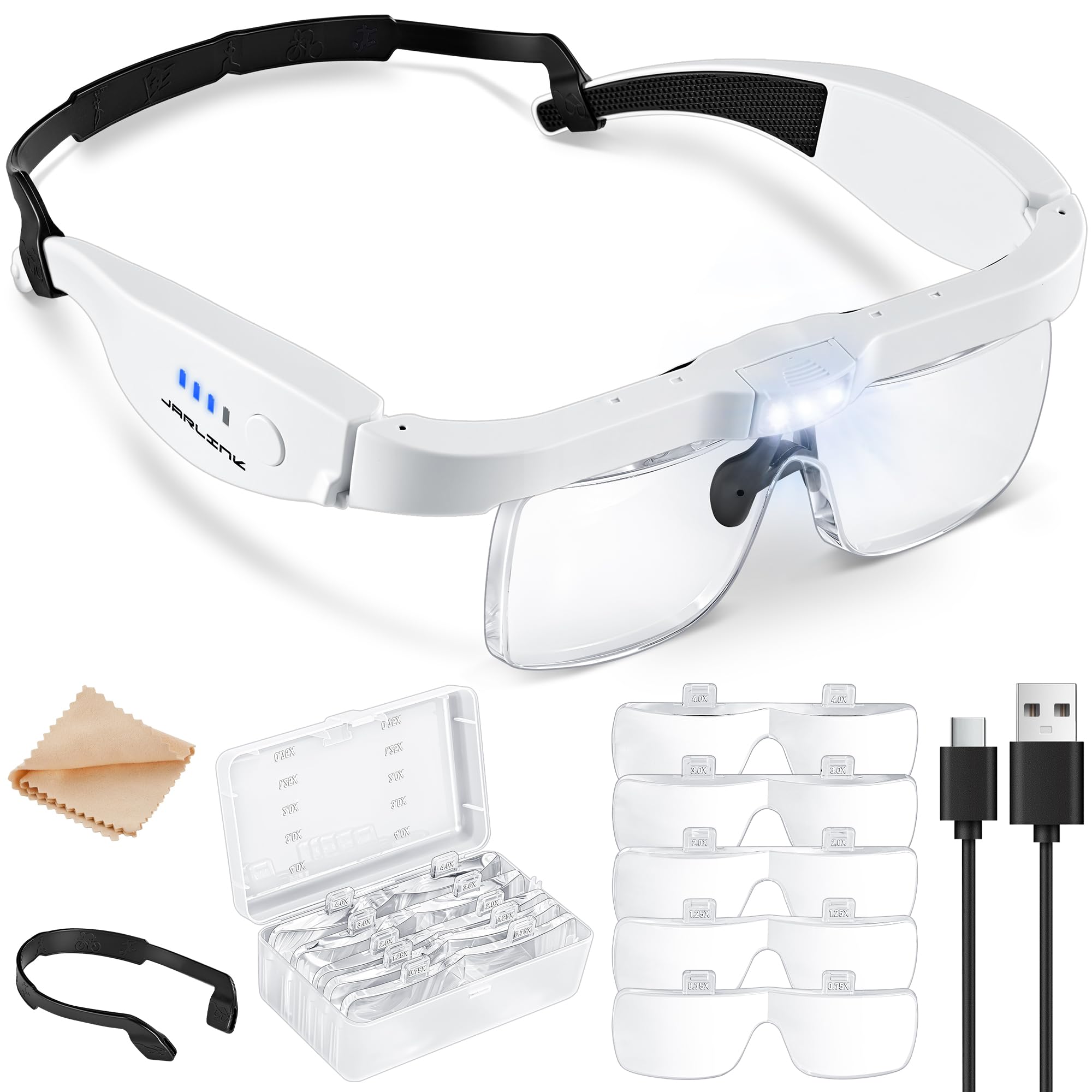 JARLINK Lupa con luz, lupas con 5 lentes 0.75-4.0X y 3 luces LED, lupas recargables para trabajos cercanos, manualidades, lectura, joyería y maqueteros