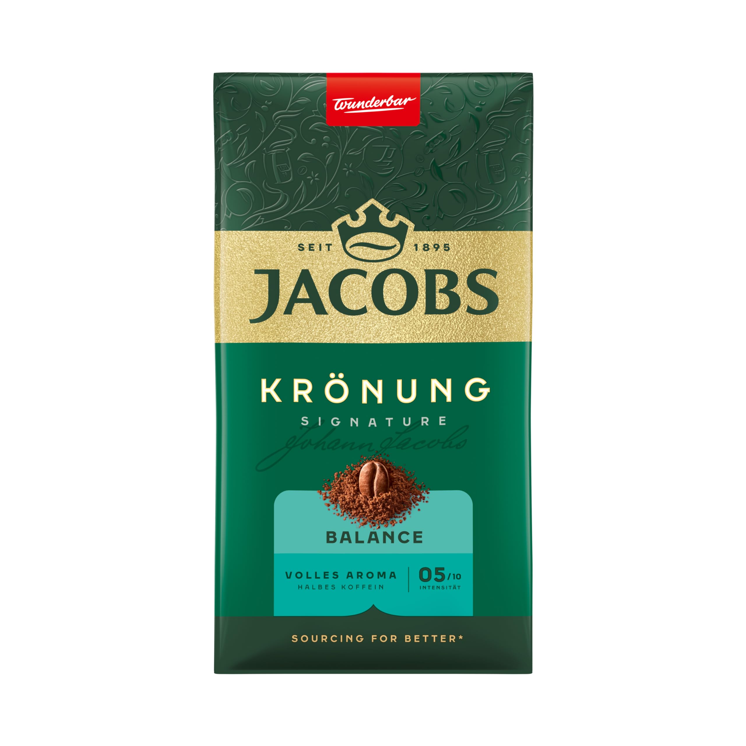 Jacobs Filterkaffee Krönung Balance, mittlere Röstung, Kaffee gemahlen, geröstet in Deutschland, ideal für Filterkaffeemaschine & French Press, Intensität 5/10, 500 g