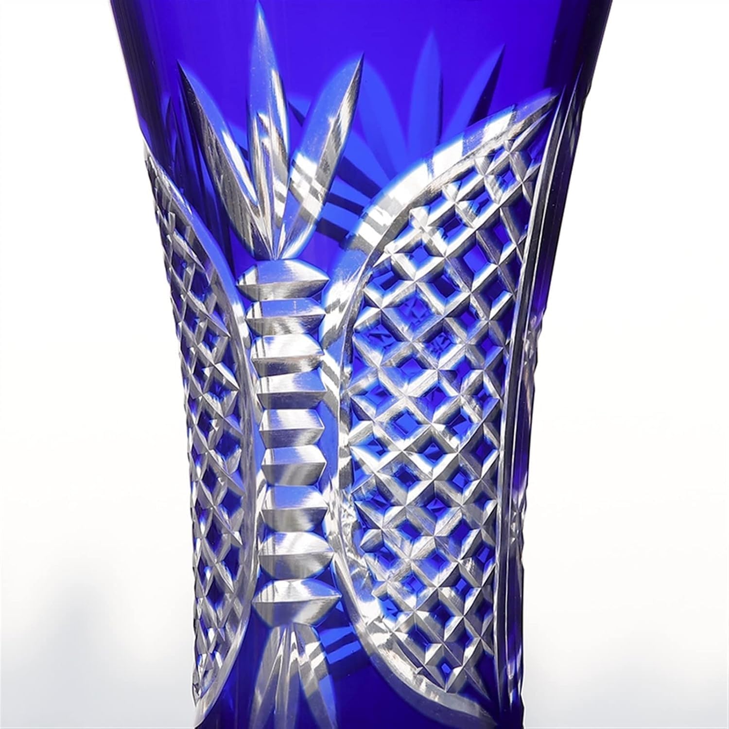 Mengli-99 - Florero elegante de estilo checo bohemio de cristal azul cortado a mano para decoración de cristal transparente, jarrón de flores con patrón de grabado