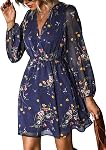 CUPSHE Robe décontractée pour femmes V Col Floral Mousseline A Mini Robe Longues Manches paysannes Robe d'automne élastique