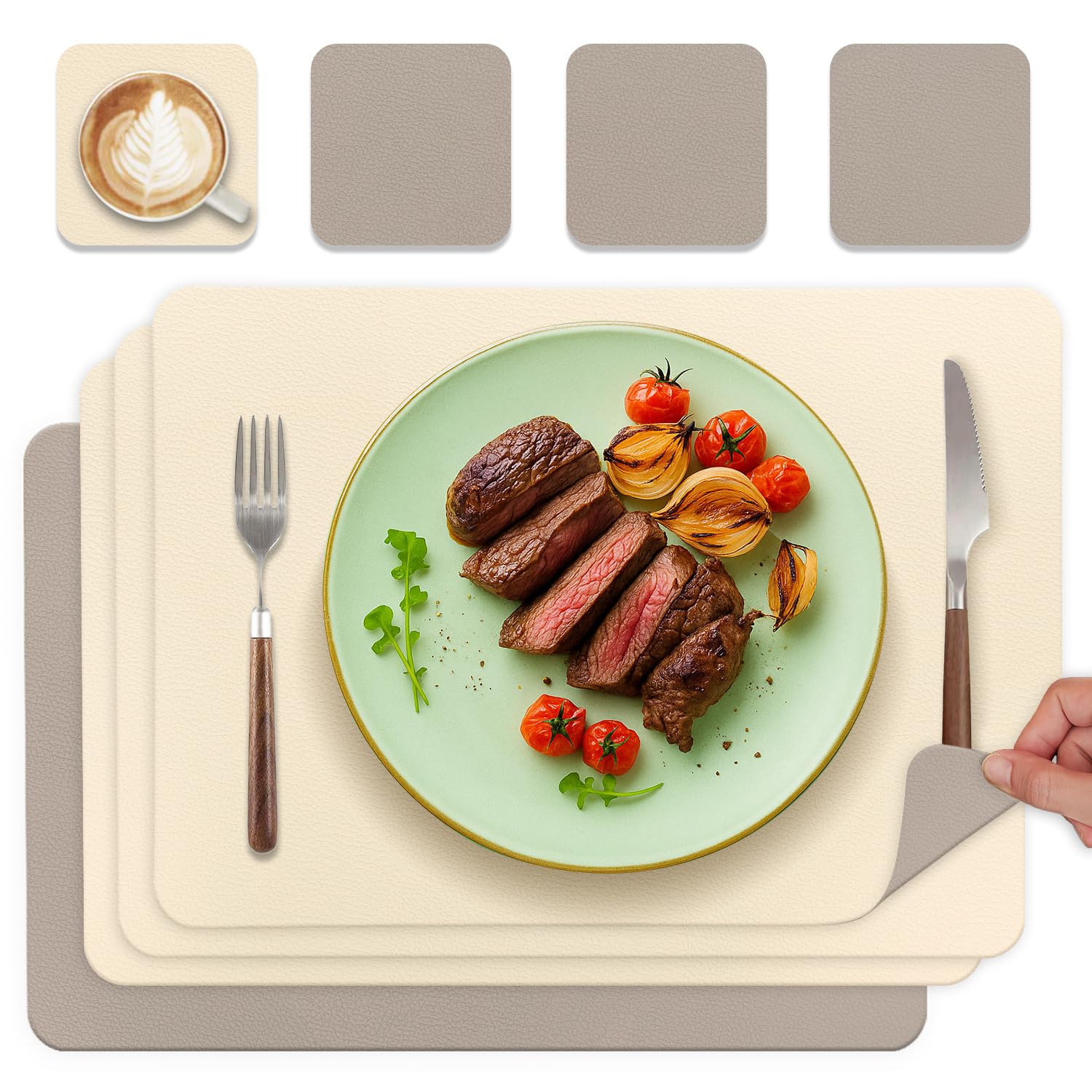 Tischsets Abwaschbar und Untersetzer, Platzset Leder Platzdeckchen Abwaschbar Doppelseitigen Tischsets Umkehrbares Tischset rutschfest Lederoptik