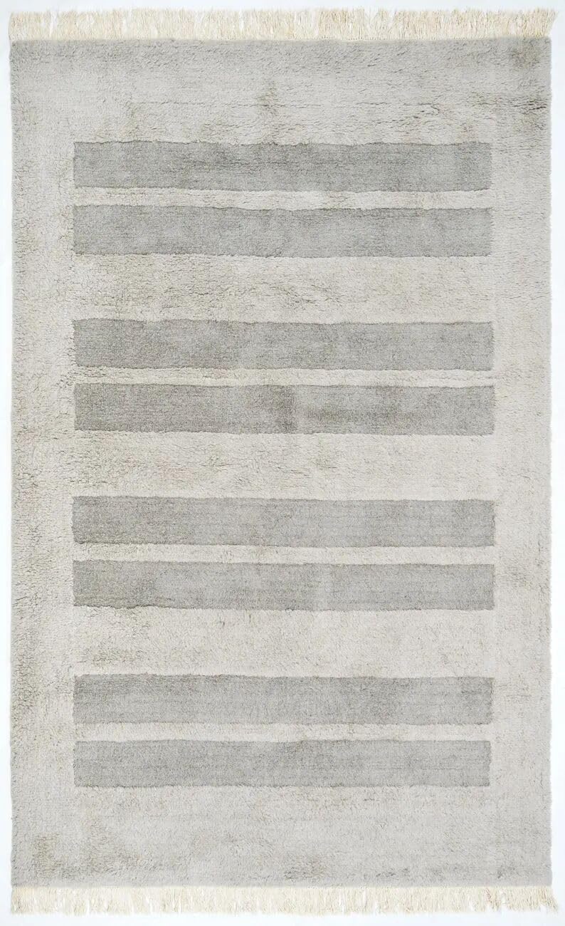 Hand Woven Ivory and Light Grey Rectangular Wool 38 Pounds Modern Striped Living Room Rug 7.0x10.0
