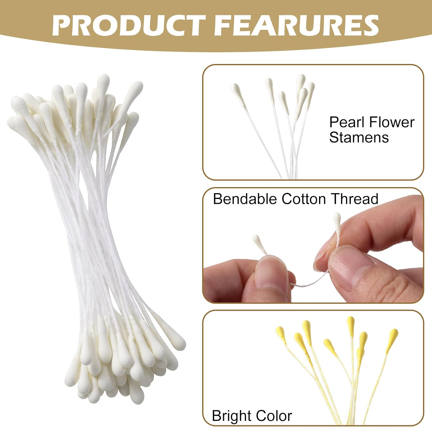 VARMDUKKE 800pcs Double Heads Handmade Flower Stamens, 2mm Pearl Stamens for Flower Making, Artificial Floral Pistil for DIY Crafts, Wedding, Christmas Decoration (Cream White & Dark Yellow)