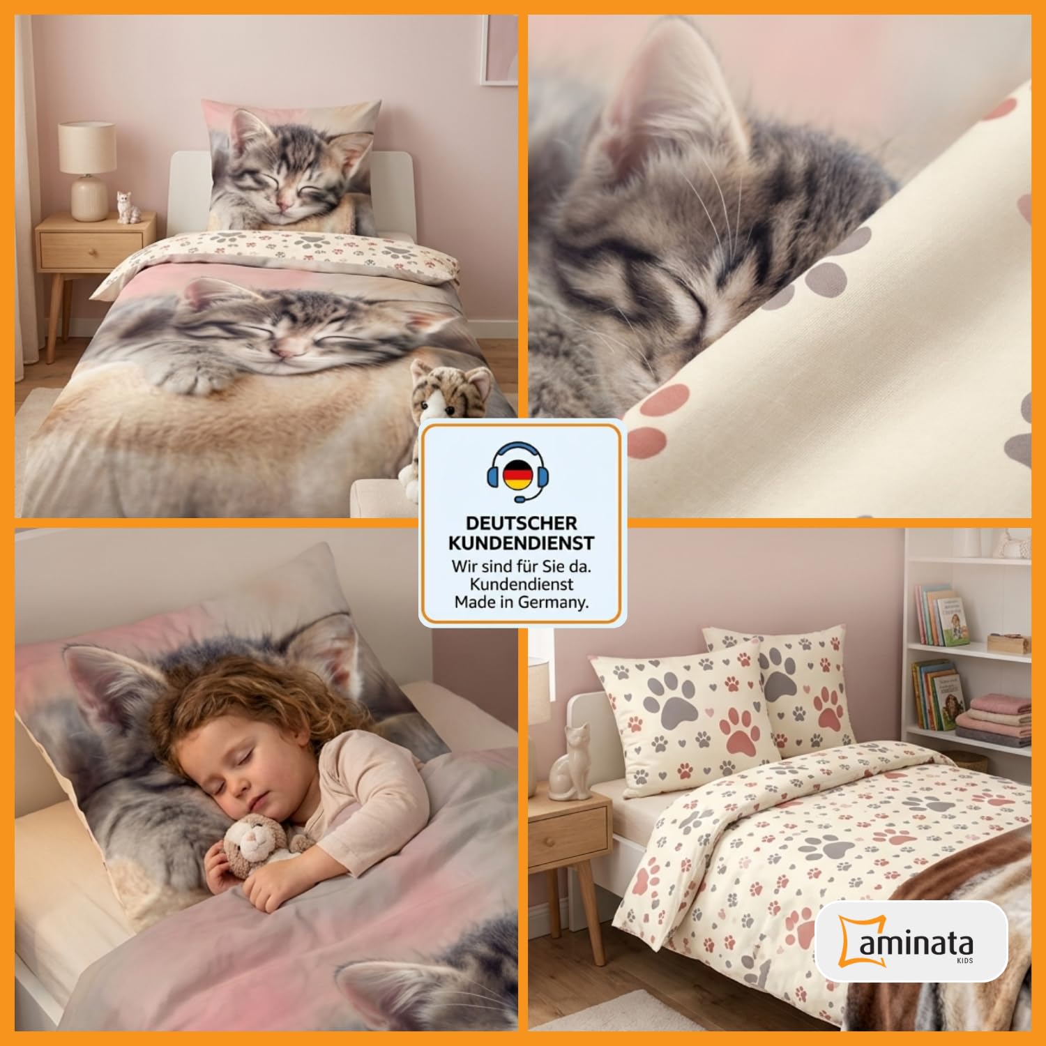 Aminata kids Bettwäsche 135x200 Katzen-Motiv Mädchen 100% Baumwolle