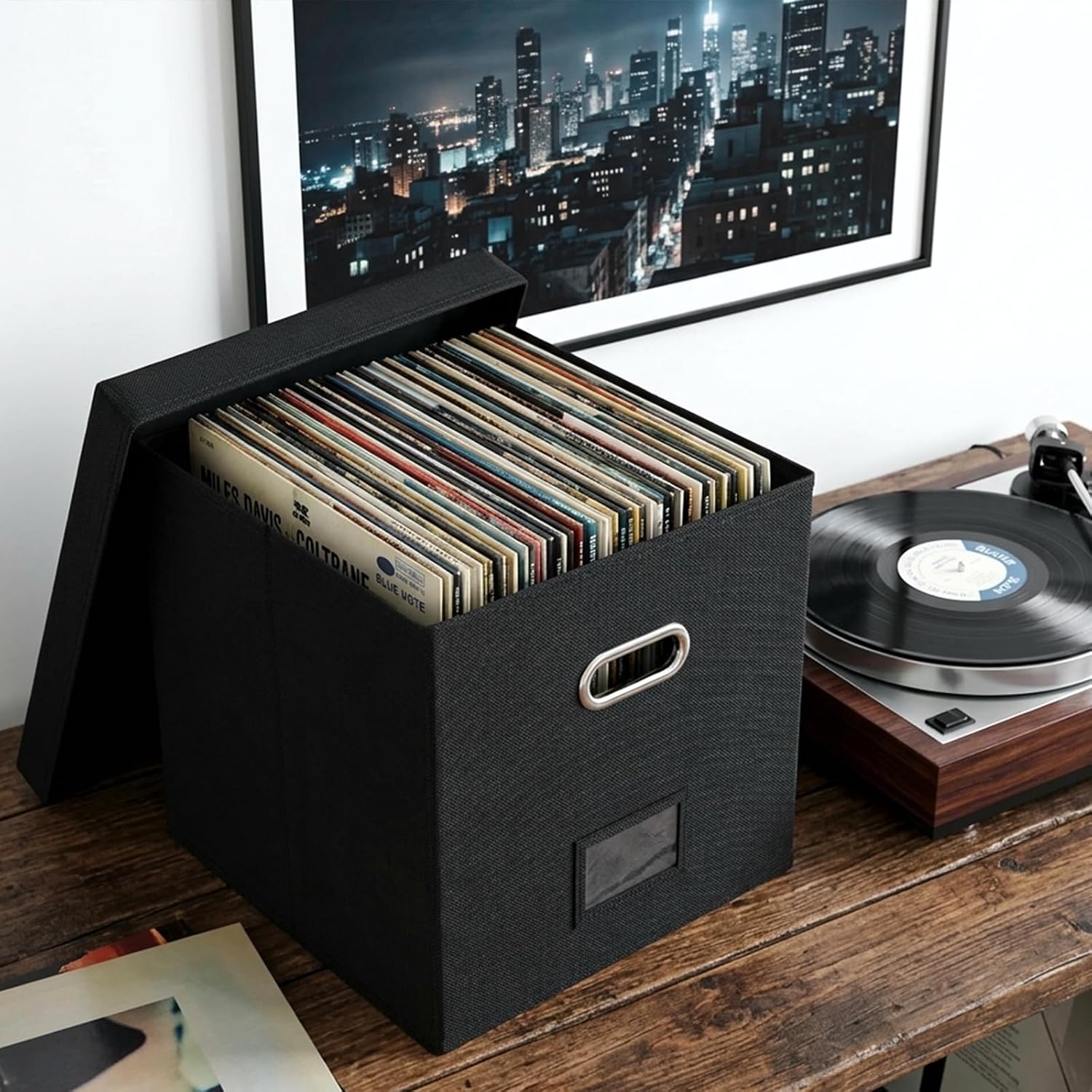 Record Storage Box Set of 2 - Vinyl Record Storage Organizer for 100+ Albums, Decorative Linen Crate with Lid, Sturdy & Foldable Music Box for Collection, Easy Carry Handles, 13x13x13 Inches