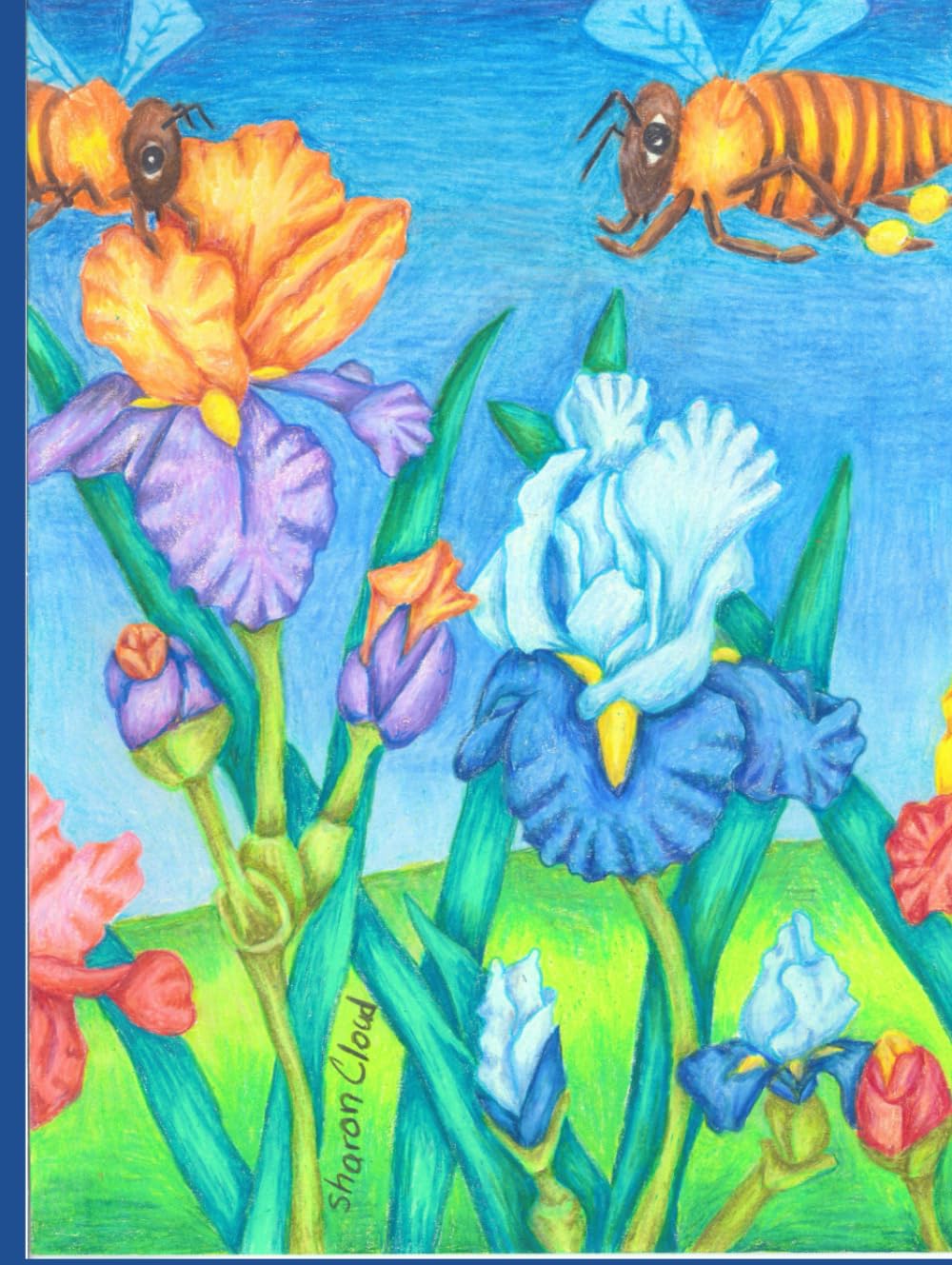 Bearded Irises and Bumblebees Sharon Kay Cloud affiche deco murale fleur