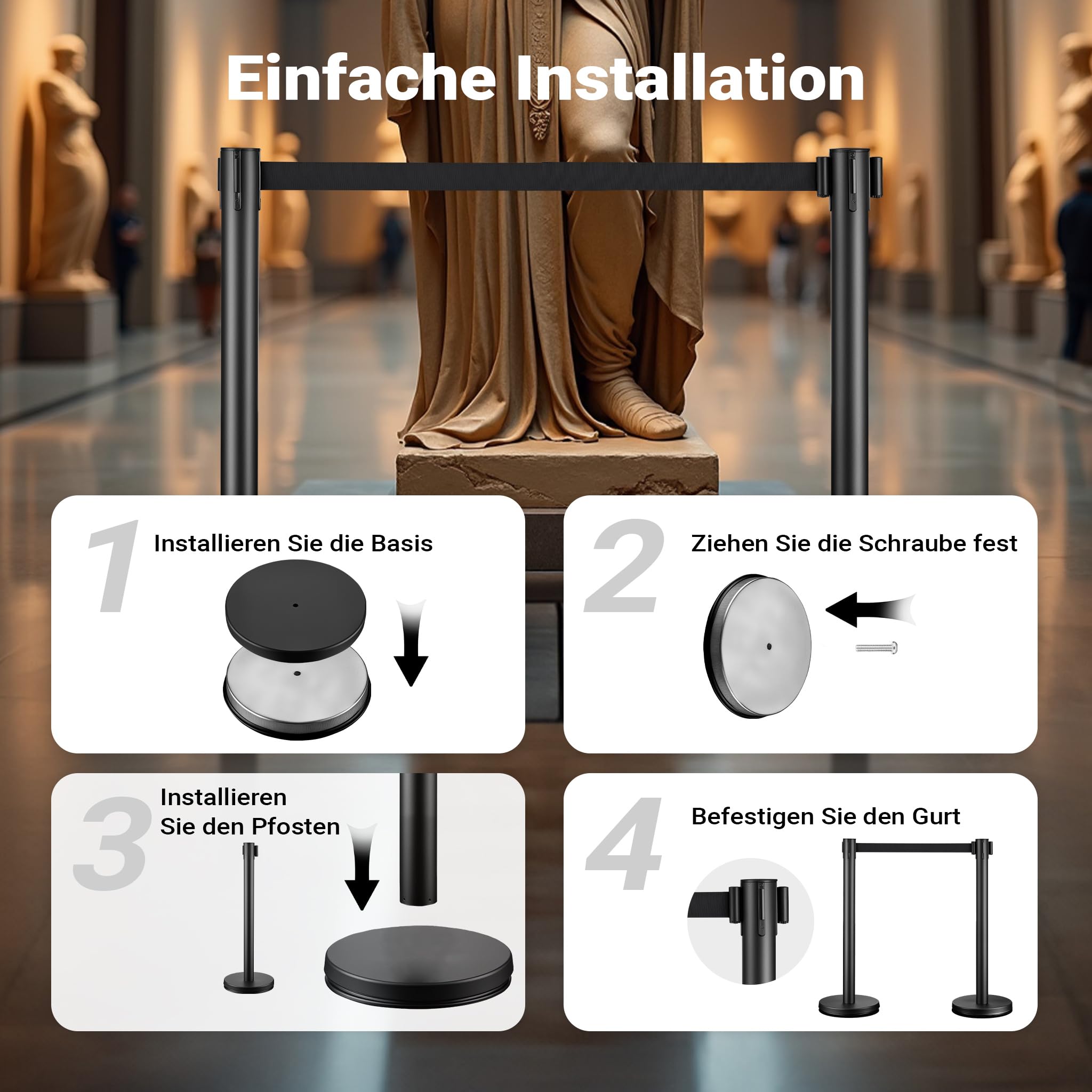 Wiltec mobile Absperrpfosten 32 x 7 x 90 cm in Schwarz mit 200 cm Zugband, Absperrständer aus rostfreiem Stahl, Personenleitsystem für Veranstaltungen
