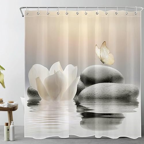Miniatura 1 de HVEST Cortina de ducha Zen floral para baño, cortina de ducha de piedra zen y flor blanca, mariposa amarilla con ganchos, cortinas de baño modernas,