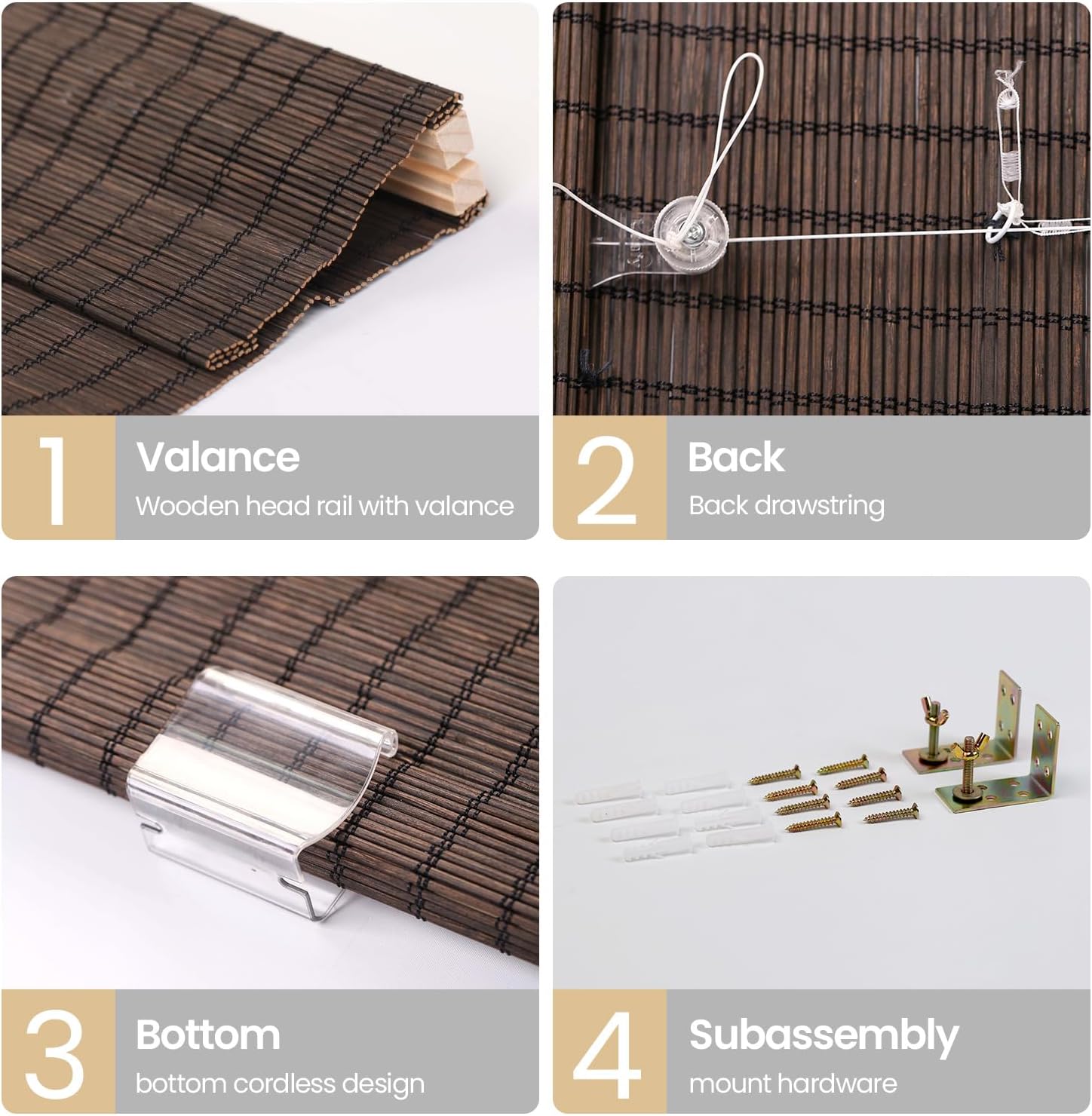 Custom Bamboo Cordless Roman Shades with Valance, Room Darkening/Blackout Blinds for Indoor Windows, Living Room, Bedroom, Dark Coffee