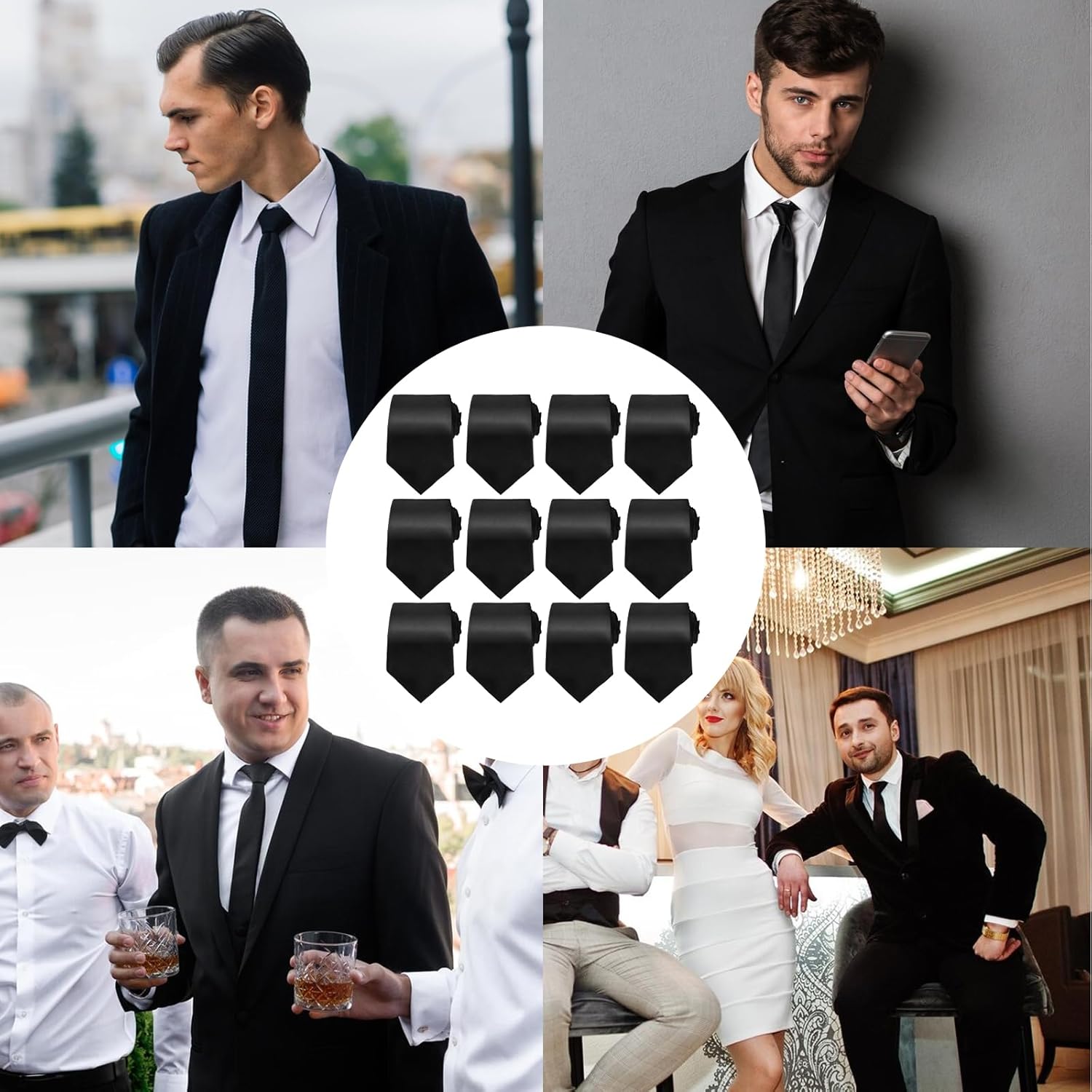 Xthrotsenk 24 Packs Men's Tie Bulk Black Ties for Men Solid Color Men's Neckties Satin 3.15'' Tie Man Ties Formal Necktie for Wedding Business Graduation Formal Neck Tiess for Office