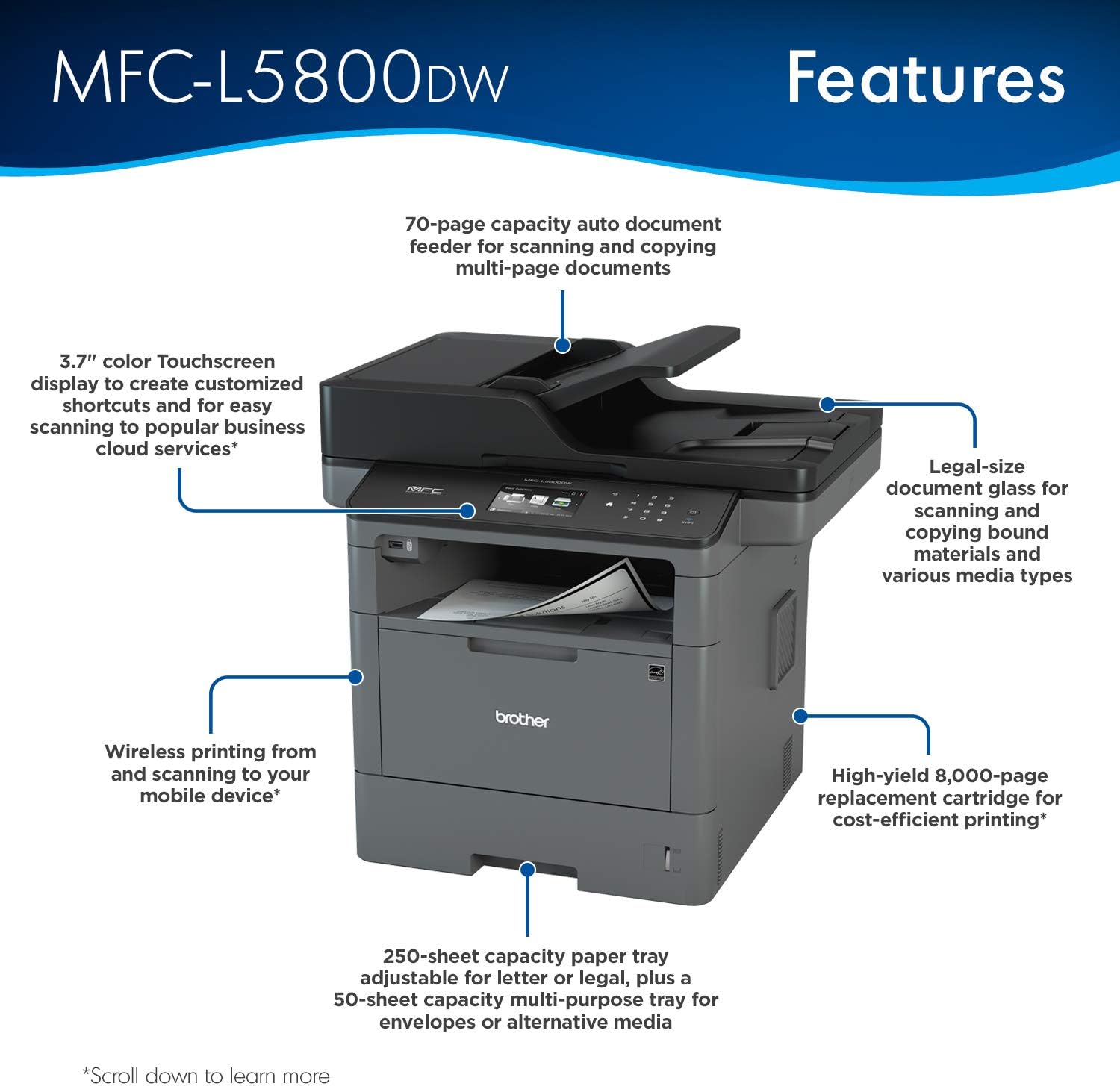 Brother Monochrome Laser Printer, Multifunction Printer, All-in-One Printer, MFC-L5800DW, Wireless Networking, Mobile Printing & Scanning, Duplex Printing, Amazon Dash Replenishment Ready