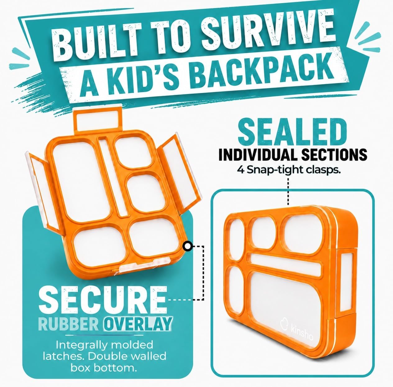 Bento Lunch Box for Kids, Boys, Girls, Adults, 6 Compartment Lunch-Boxes, Leakproof School Snack or Meal Portion Container, Utensils, BPA-Free, Orange image 3