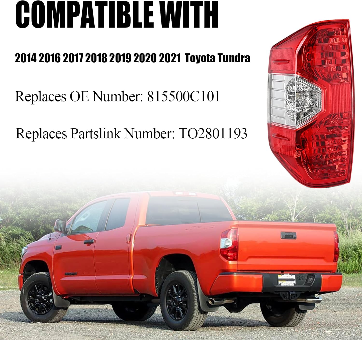 zorik Tail Light Assembly for 2014-2021 Toyota Tundra, Passenger Side Rear Right Outer Tail Lamp, Bulb and Harness Included, Direct OE Replacement for 81550-0C100, Plug & Play