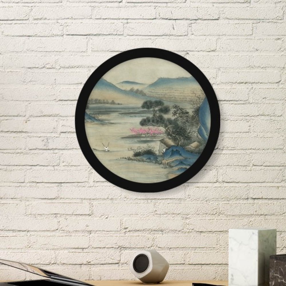 Cadre photo rond en bois noir avec peinture chinoise de paysage de pêche DIYthinker