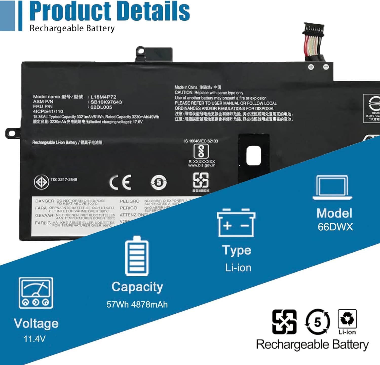 L18M4P72 L18C4P71 L18L4P71 Laptop Battery 15.36V 51Wh Compatible with Lenovo ThinkPad X1 Yoga 4th 5th Gen/X1 Carbon 7th 8th Gen Serie 02DL004 SB10K97642 02DL005 SB10K97643 02DL006 SB10K97644