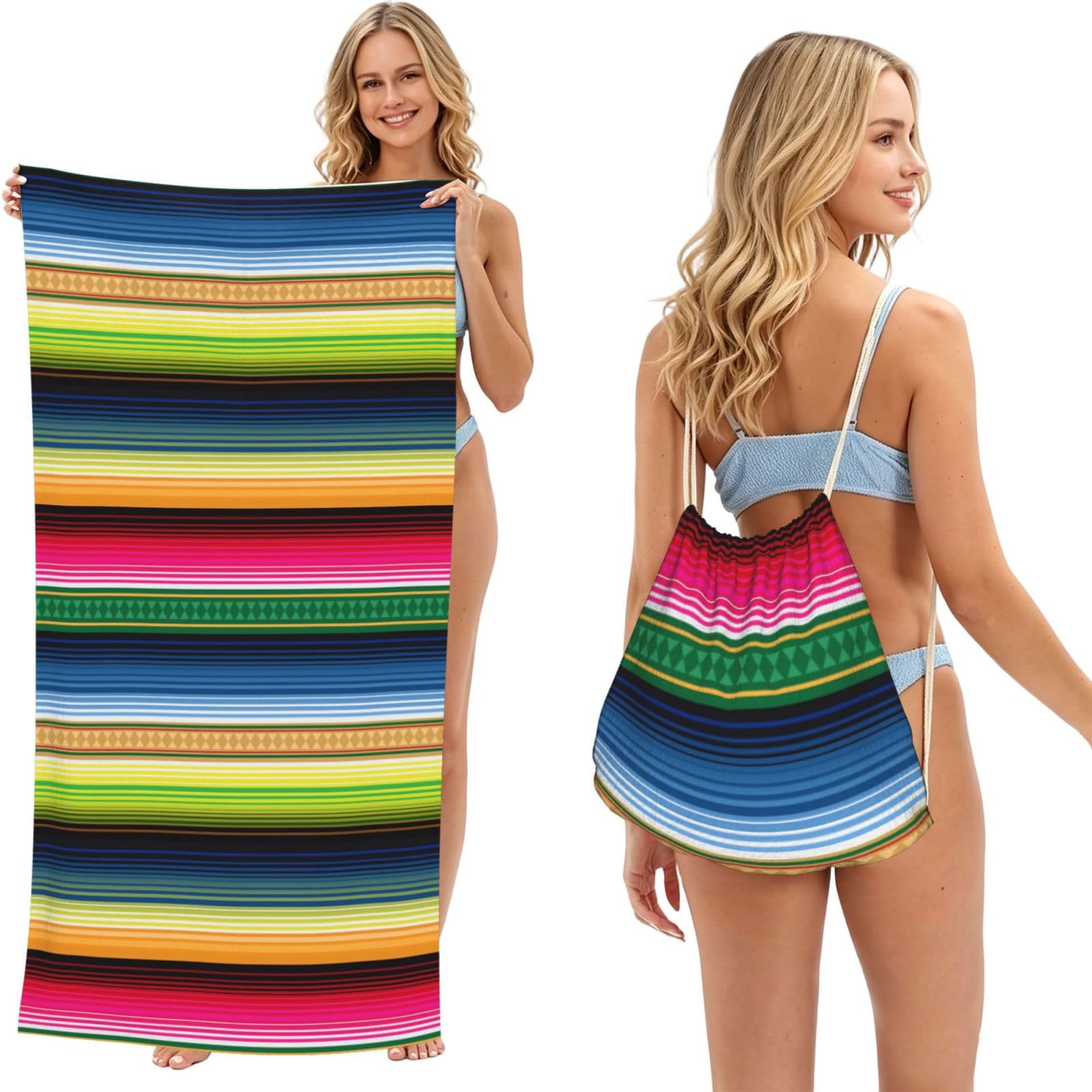 Poadnly As Picture Traditional Mexican Blanket Serape, 2 In 1 Packable Towel Bag, Beach Towels With Drawstring Backpack For Travel Holiday Camping