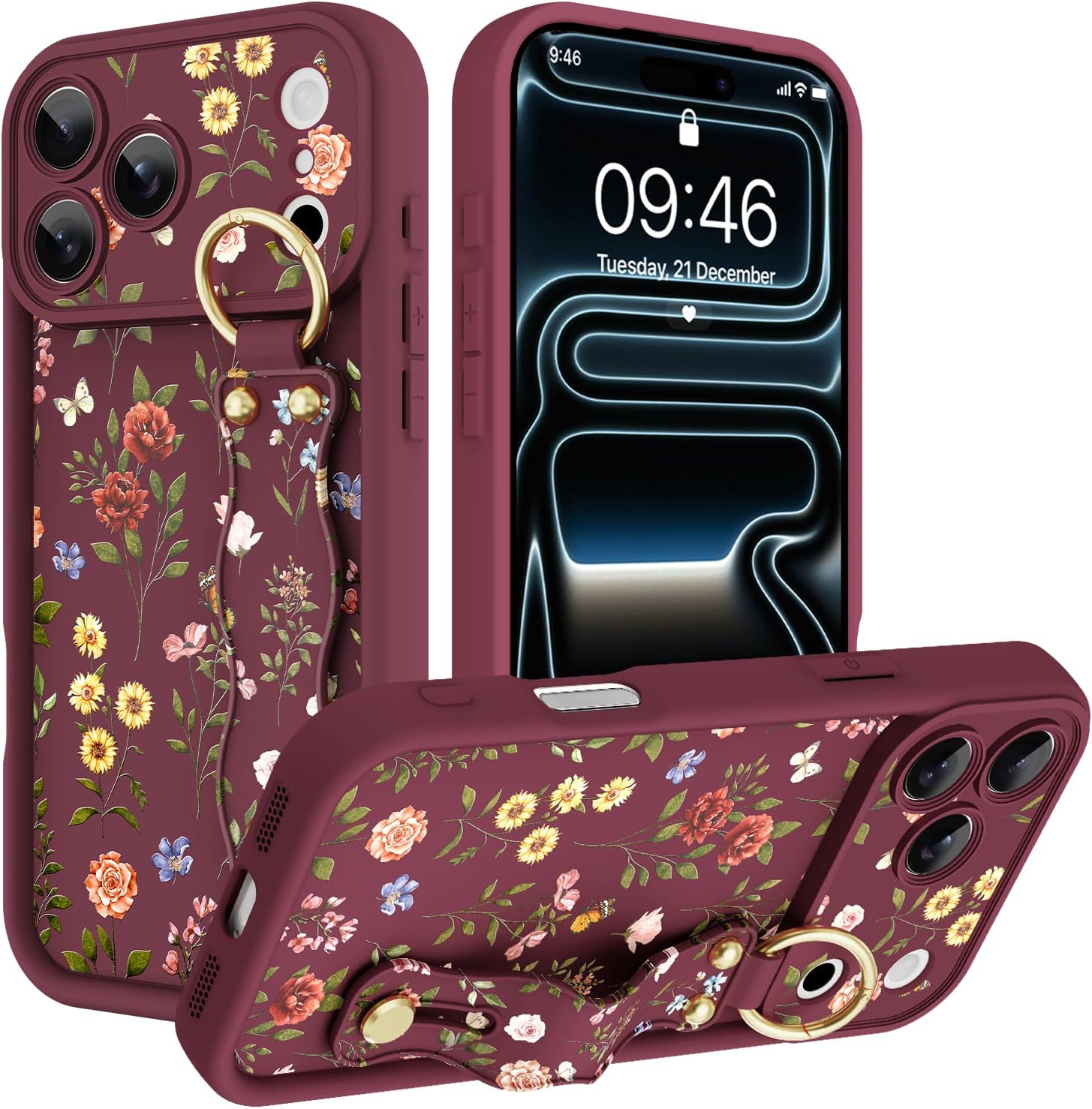 Compatible with iPhone 17 Pro Max Case with Wrist Strap, Cute Floral Flower Pattern [Upgraded] Soft TPU Adjustable Wristband Kickstand Shockproof Protective Cover for Girl Women, Pink