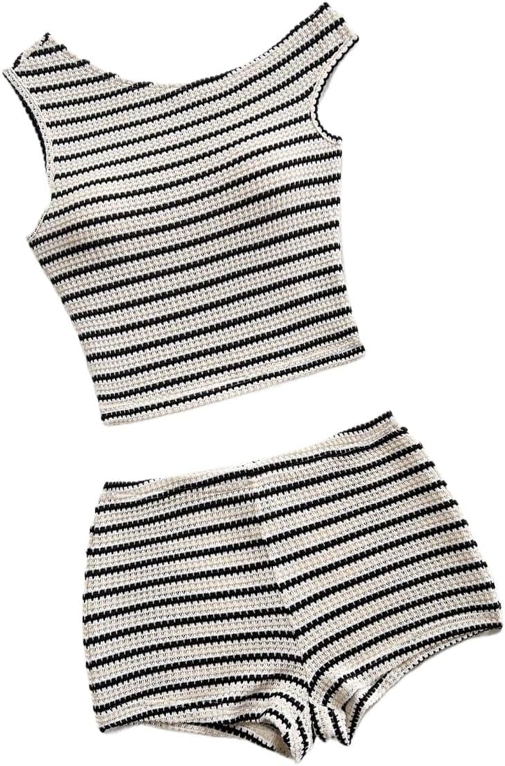 Women's Casual Striped Camisole And Shorts Set Summer 2-Piece Outfit