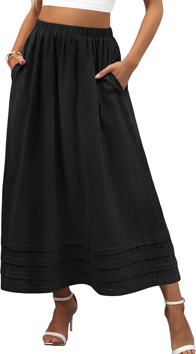 ANRABESS Womens Maxi Skirt 2026 Summer Boho Flowy Tiered Casual Elastic High Waisted Swing A-line Long Skirts with Pockets