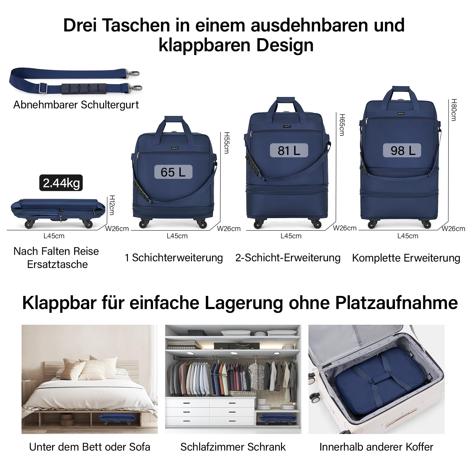 Hanke Faltbarer Reiseduffel mit Rollen Leichter Expandierbarer Reisekoffer im Platzsparenden Ohne Ausfahrbare Griffstange, Blau