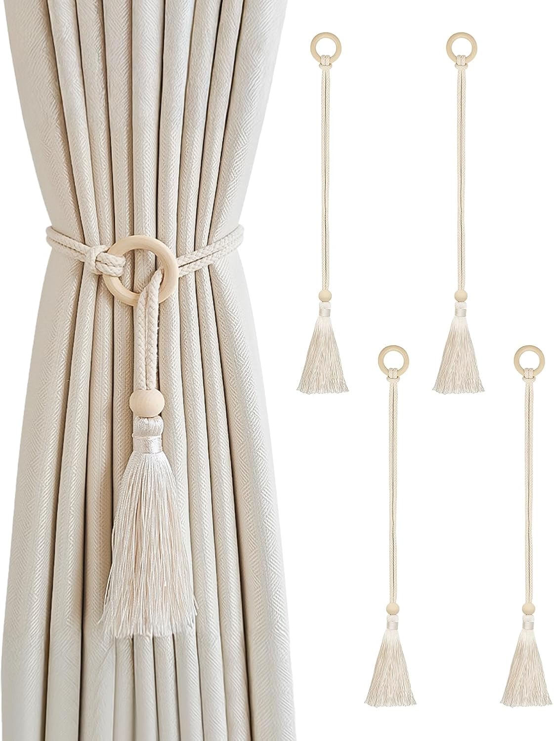4 Pack Boho Curtain Tiebacks, Natural Rope Curtain Holdbacks for Indoor and Outdoor Use, Tie Backs for Currapes, Decorative Tassel Design in Neutral Beige