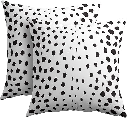 Kawani Juego de 2 fundas de almohada cuadradas de lino con estampado de lunares de 18 x 18 pulgadas, color blanco y negro, con trazos de pincel,
