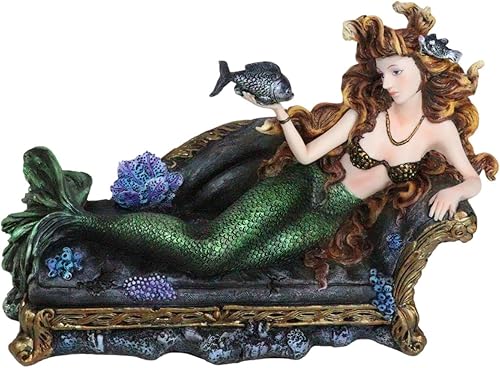 Miniatura 4 de Ebros Gift Reina de la Atlántida Sirena Sirena con cola iridiscente verde y compañero de pez descansando Oceanic Boudoir Lounge Chair Estatua