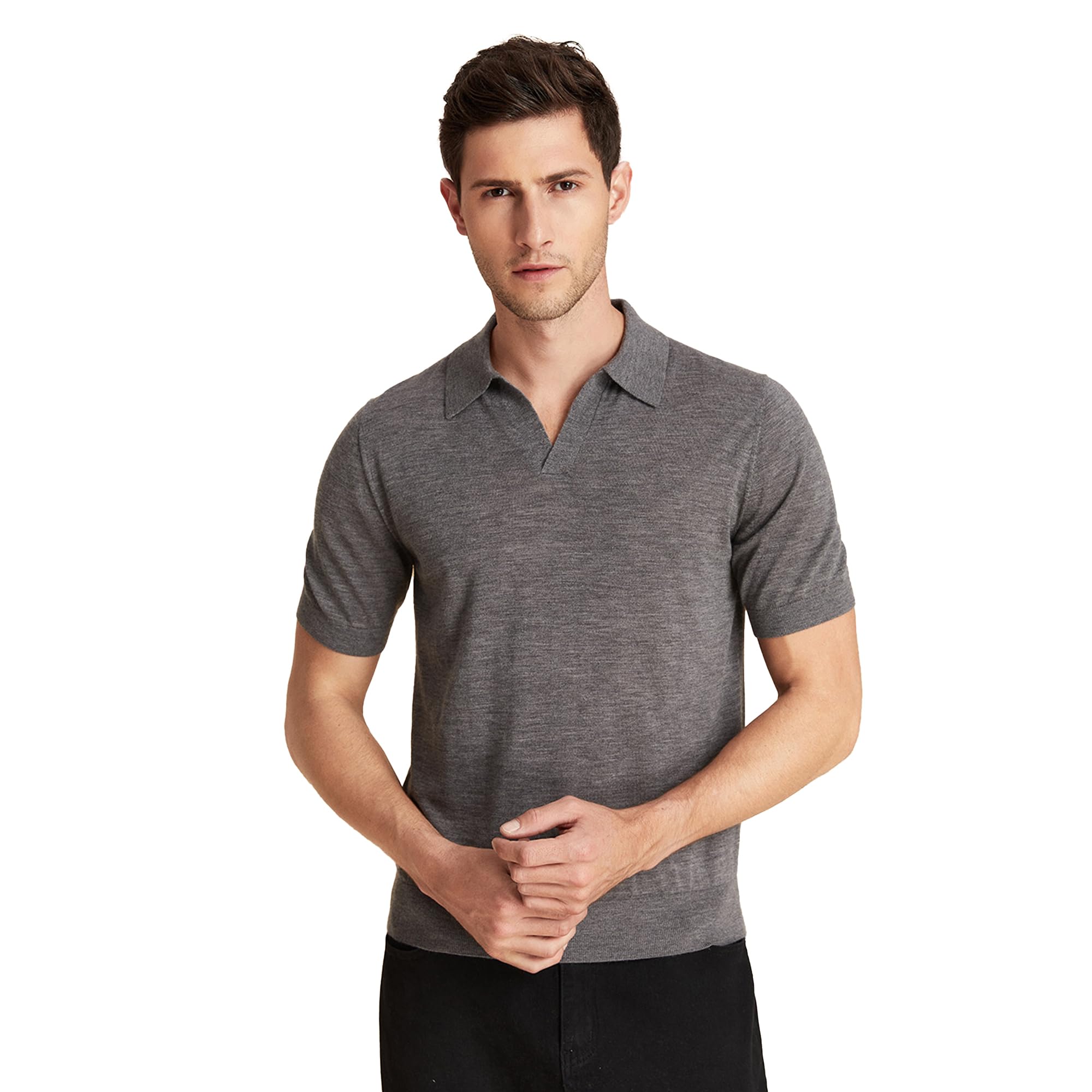 Men's Wool Cashmere Soft Cool Polo Shirt Light Weight Essential Short Sleeve for Summer