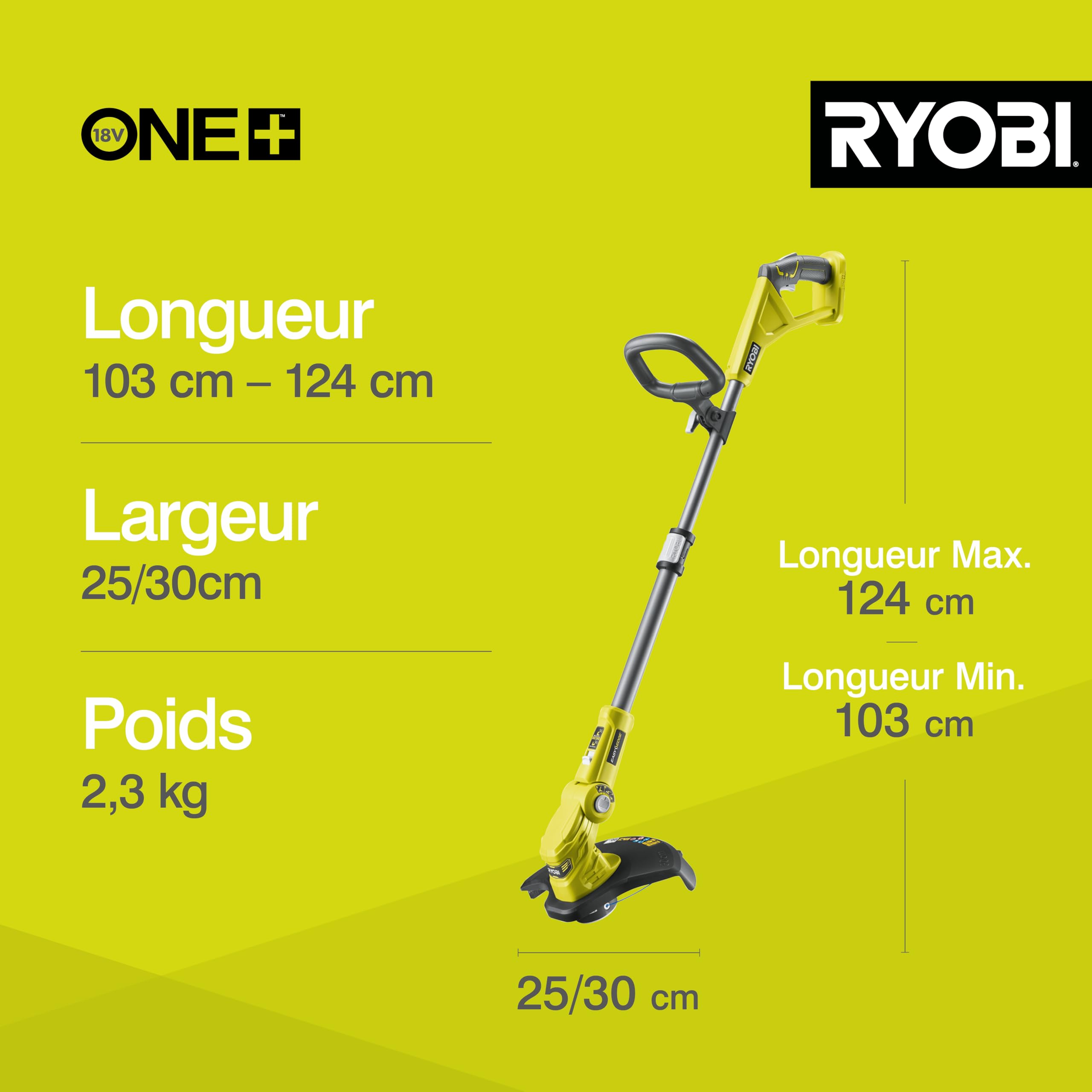 RYOBI - Coupe-Bordures sans Fil 18V One+ OLT1832 – Coupe Ø25-30 cm, Hauteur Télescopique, Mode Dresse-Bordure, Idéal pour Bordures, Massifs et Talus – Batterie Non Incluse