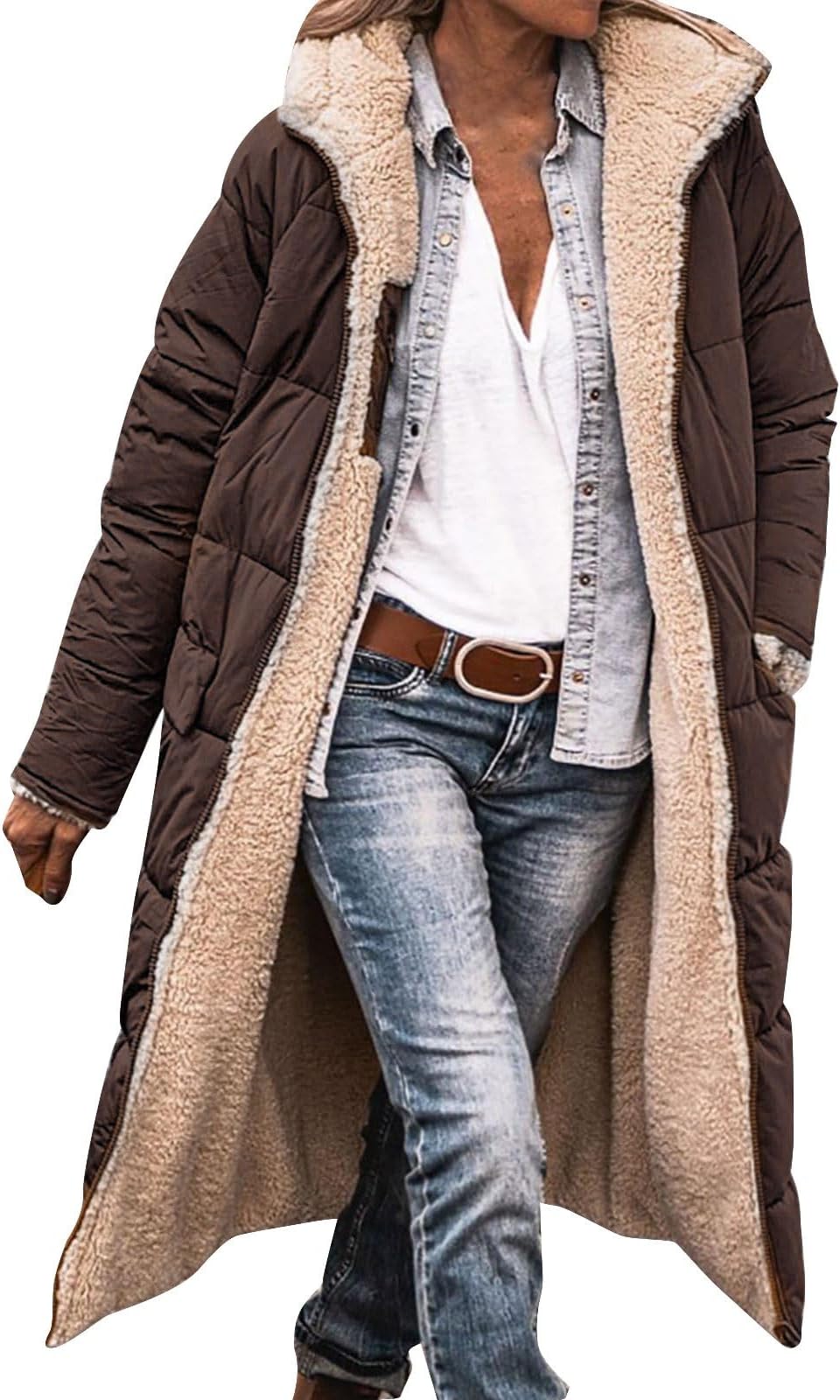 Winter Coat for Women Long Puffer Jacket Warm Reversible Casual Sherpa Lined Hooded Parkas Shearling Fleece Coats Outerwear