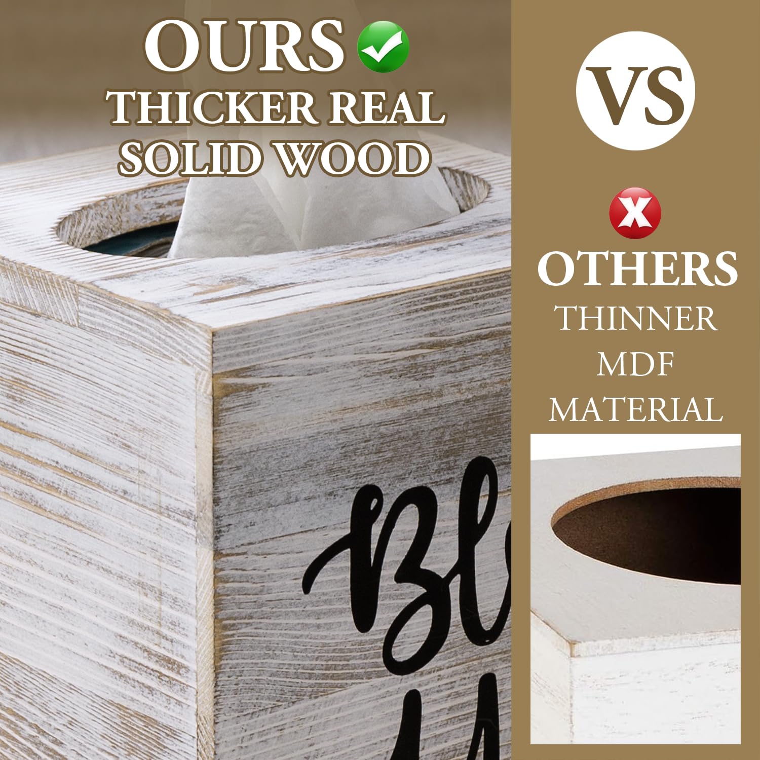 MyGift White Washed Solid Wood Square Tissue Box Cover Holder Decorative Tissue Dispenser Bath Decor with Bless You Design and Easy Refill Slide Out Bottom